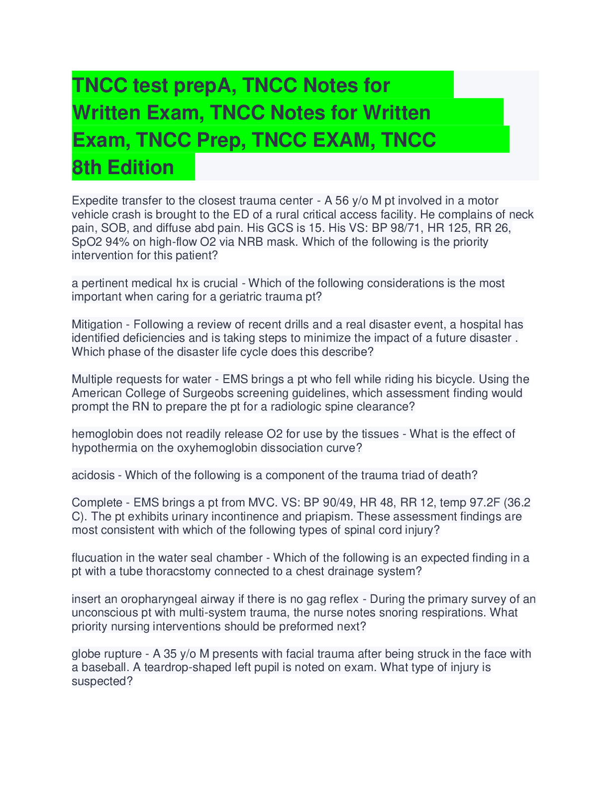 Preview image for TNCC test prepA, TNCC Notes for Written Exam, TNCC Notes for Written Exam, TNCC Prep, TNCC EXAM, TNCC 8th Edition