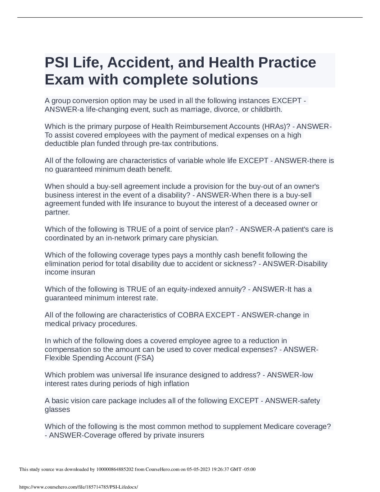 Preview image for PSI Life, Accident, and Health PracticeExam with complete solutions