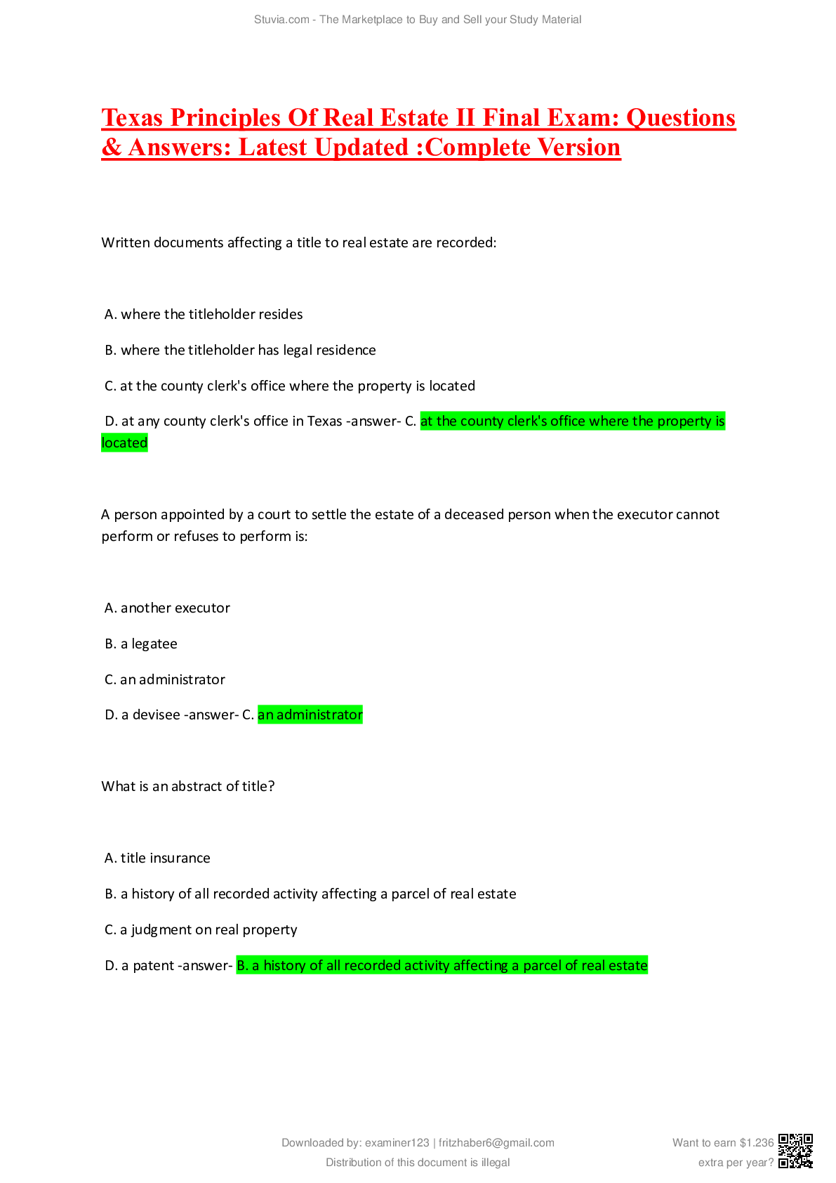 Texas Principles Of Real Estate II Final Exam Complete Version