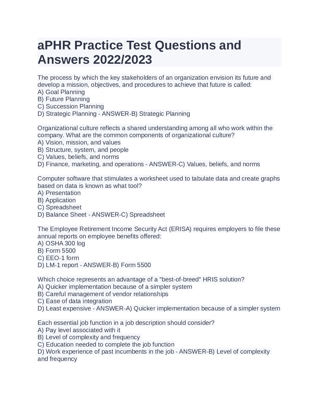 Preview image for APHR Practice Test Questions and Answers 2022 2023