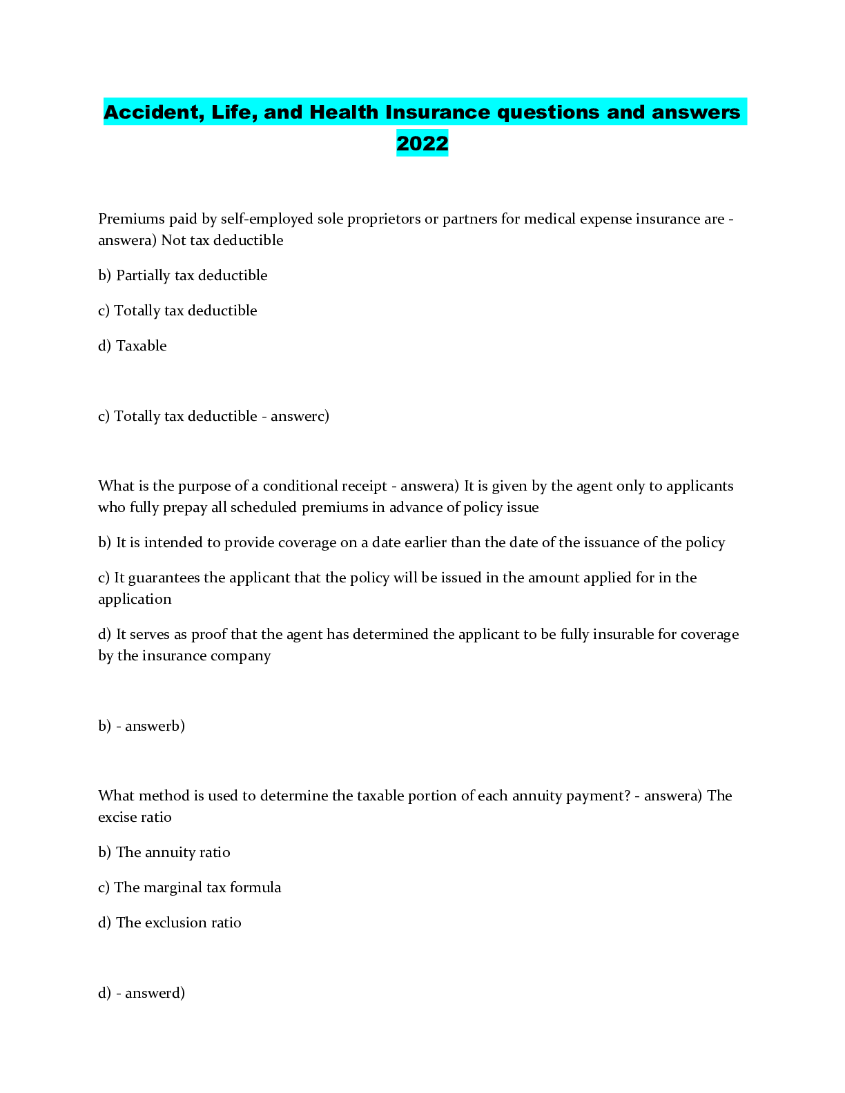 Preview image for Accident, Life, and Health Insurance questions and answers2022