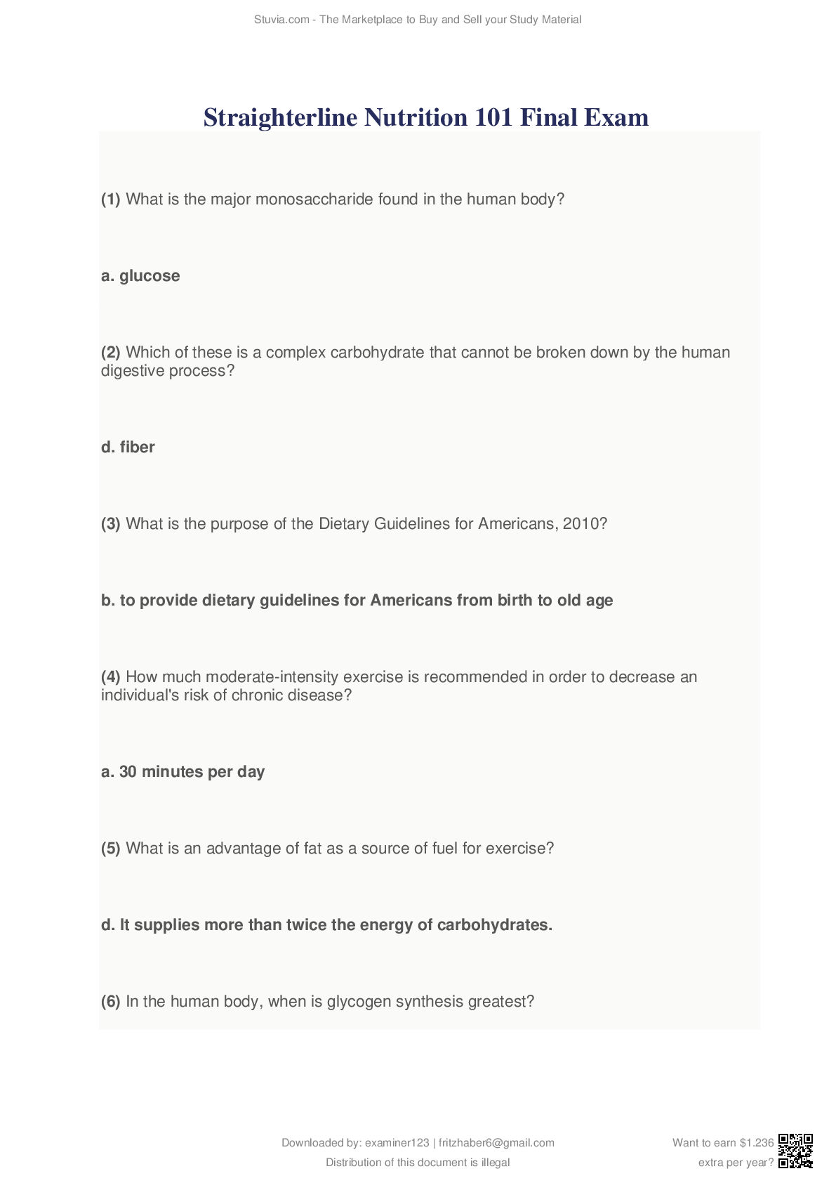 Preview image of Straighterline Nutrition 101 Final Exam document