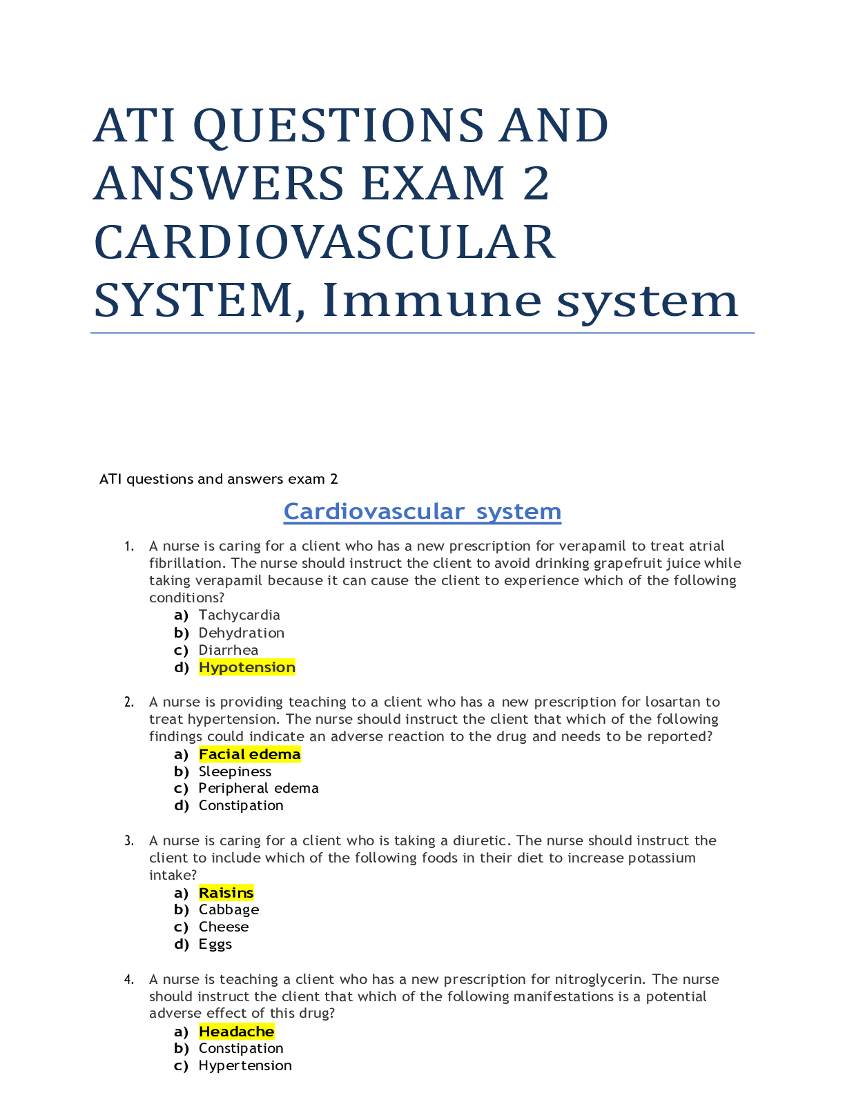 Preview image for ATI QUESTIONS AND ANSWERS EXAM 2 CARDIOVASCULAR SYSTEM, Immune system