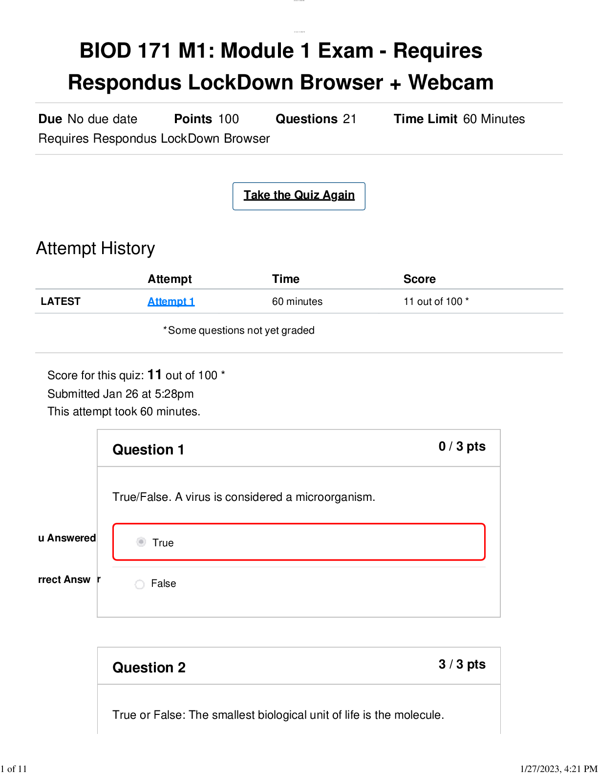 Preview image for BIOD 171 M1: Module 1 Exam - Requires Respondus LockDown Browser + Webcam