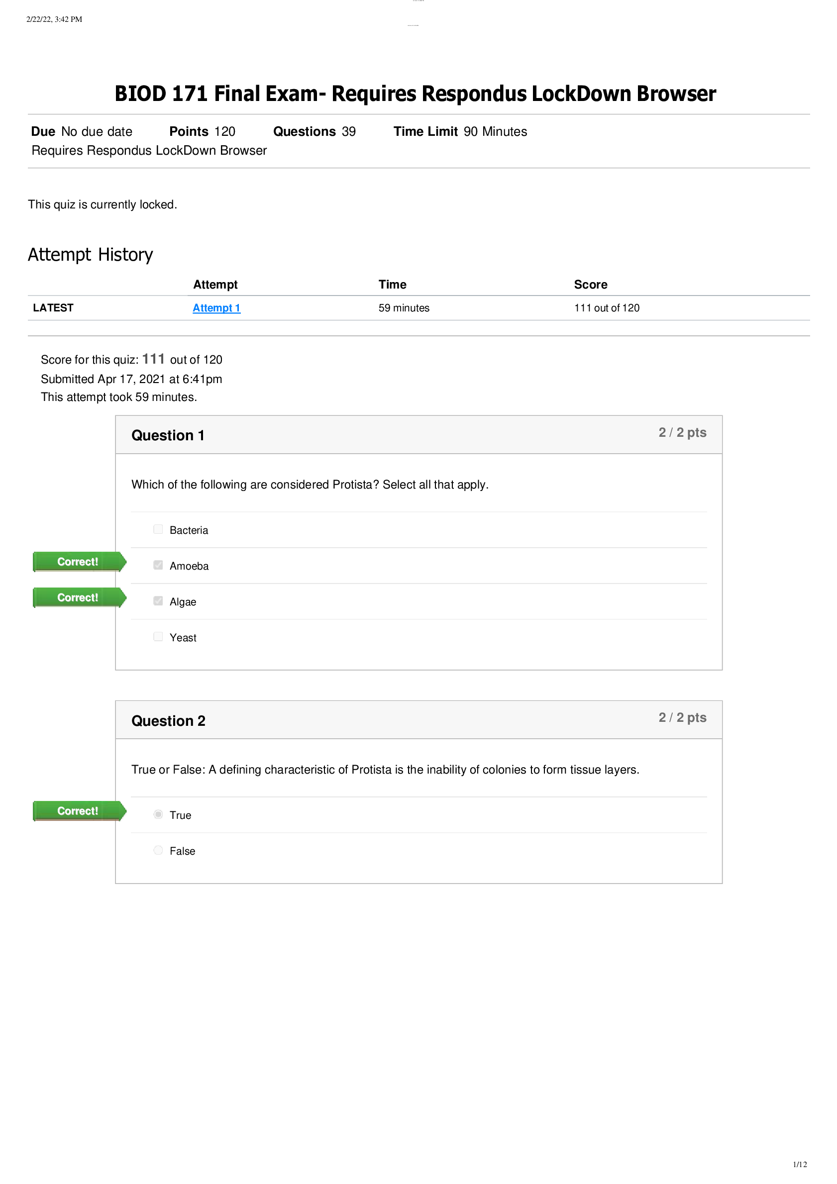 Preview image for BIOD 171 Final Exam- Requires Respondus LockDown Browser