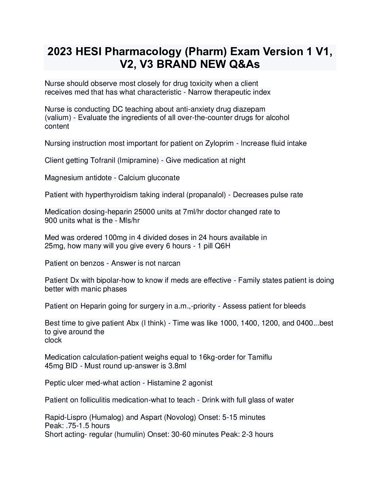 Preview image for 2023 HESI Pharmacology (Pharm) Exam Version 1 V1, V2, V3 BRAND NEW Q&As