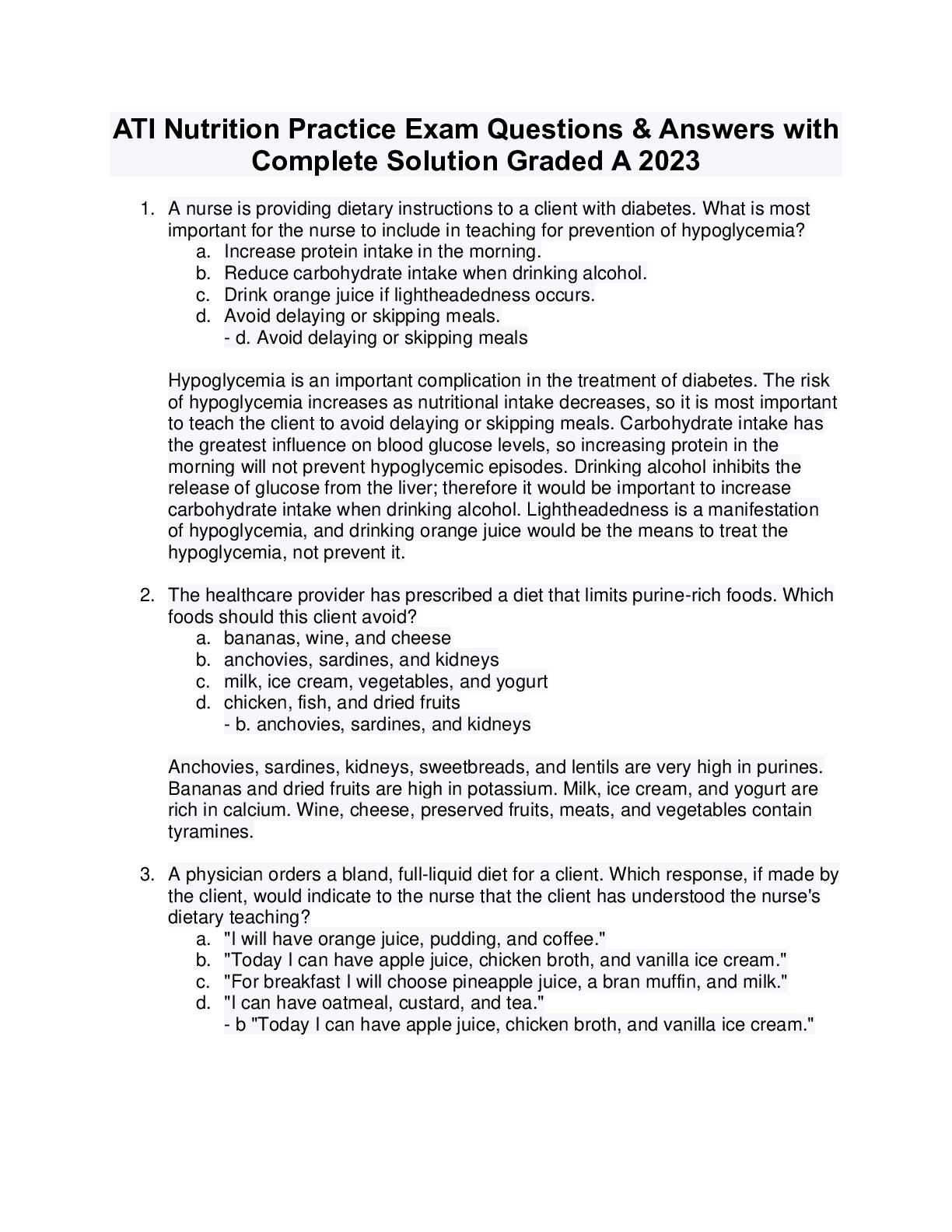 Preview of ATI Nutrition Practice Exam Questions & Answers with  Complete Solution Graded A 2023
