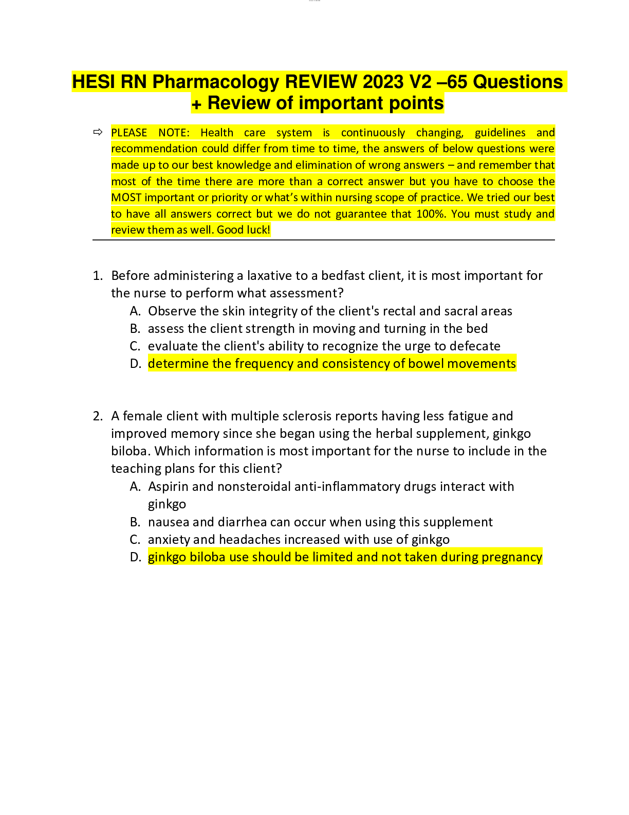 Preview image for HESI RN Pharmacology REVIEW 2023 V2 –65 Questions  + Review of important points