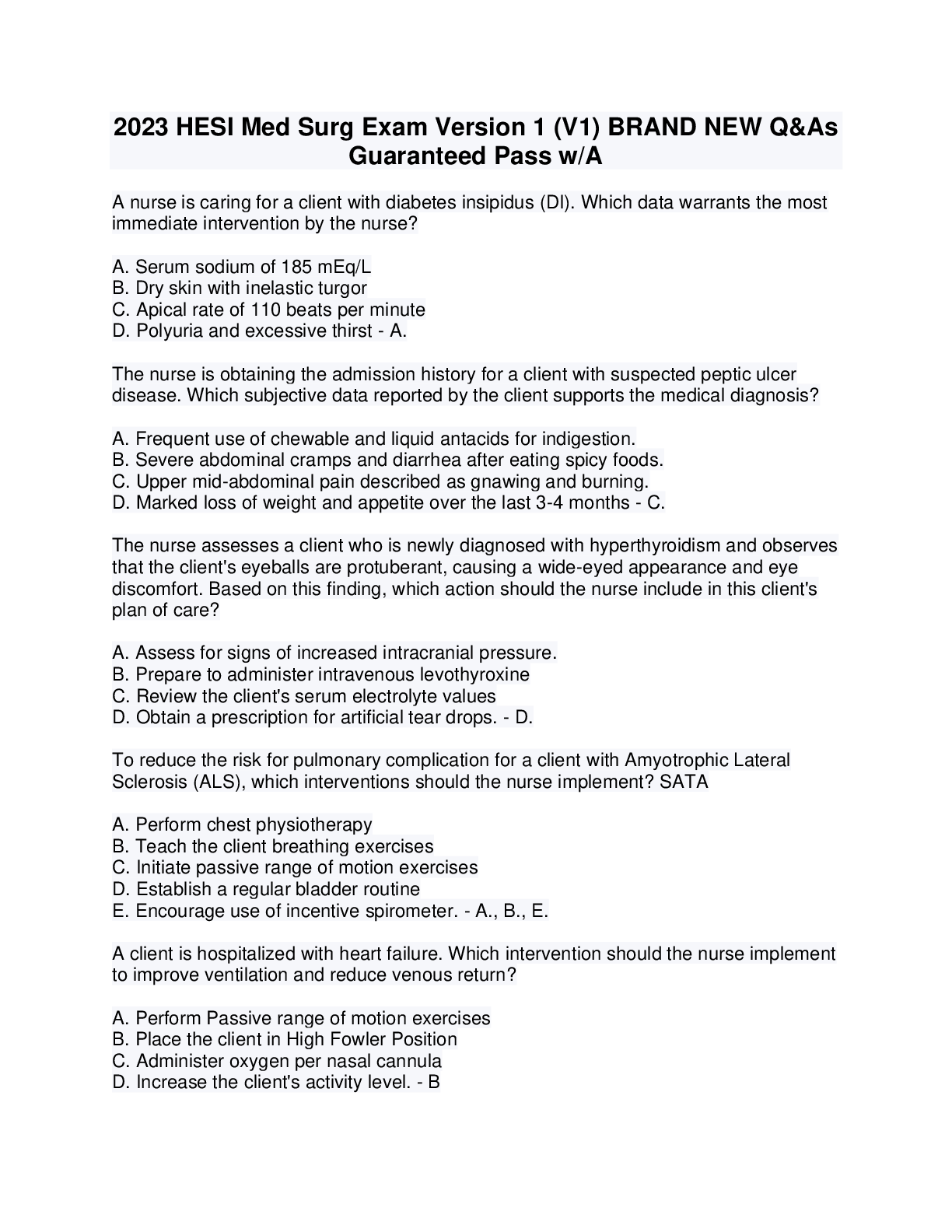 Preview image for 2023 HESI Med Surg Exam Version 1 (V1) BRAND NEW Q&As  Guaranteed Pass w/A