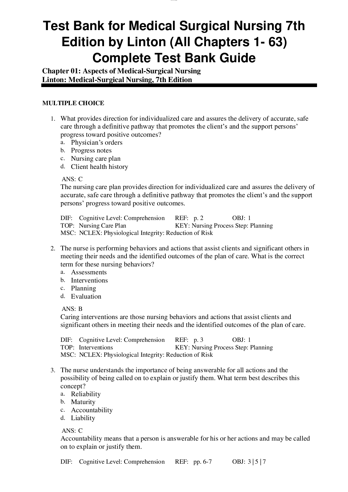 Preview image for Test Bank for Medical Surgical Nursing 7th  Edition by Linton (All Chapters 1- 63) Complete Test Bank Guide