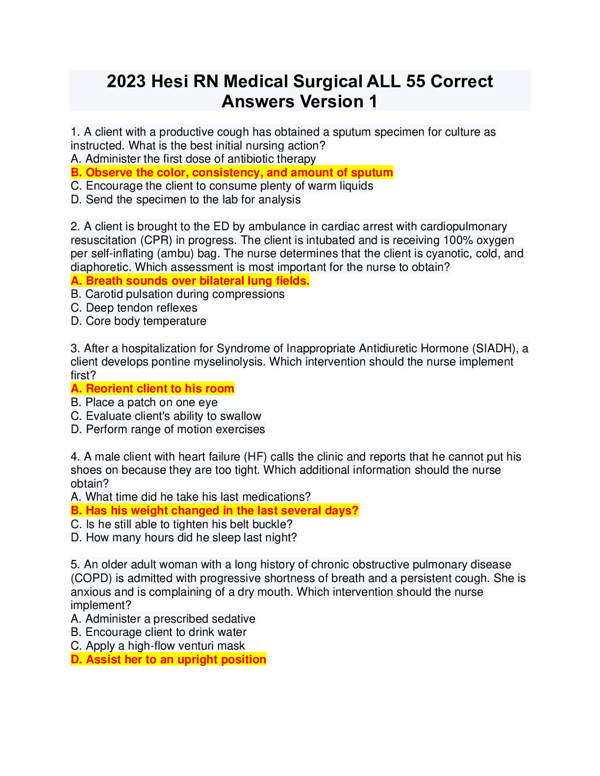 Preview image for 2023 Hesi RN Medical Surgical ALL 55 Correct  Answers Version 1