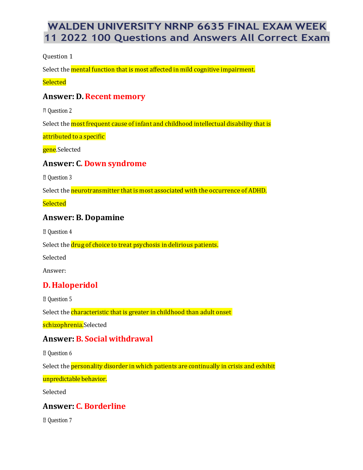 Preview image for WALDEN UNIVERSITY NRNP 6635 FINAL EXAM WEEK 11 2022 100 Questions and Answers All Correct Exam