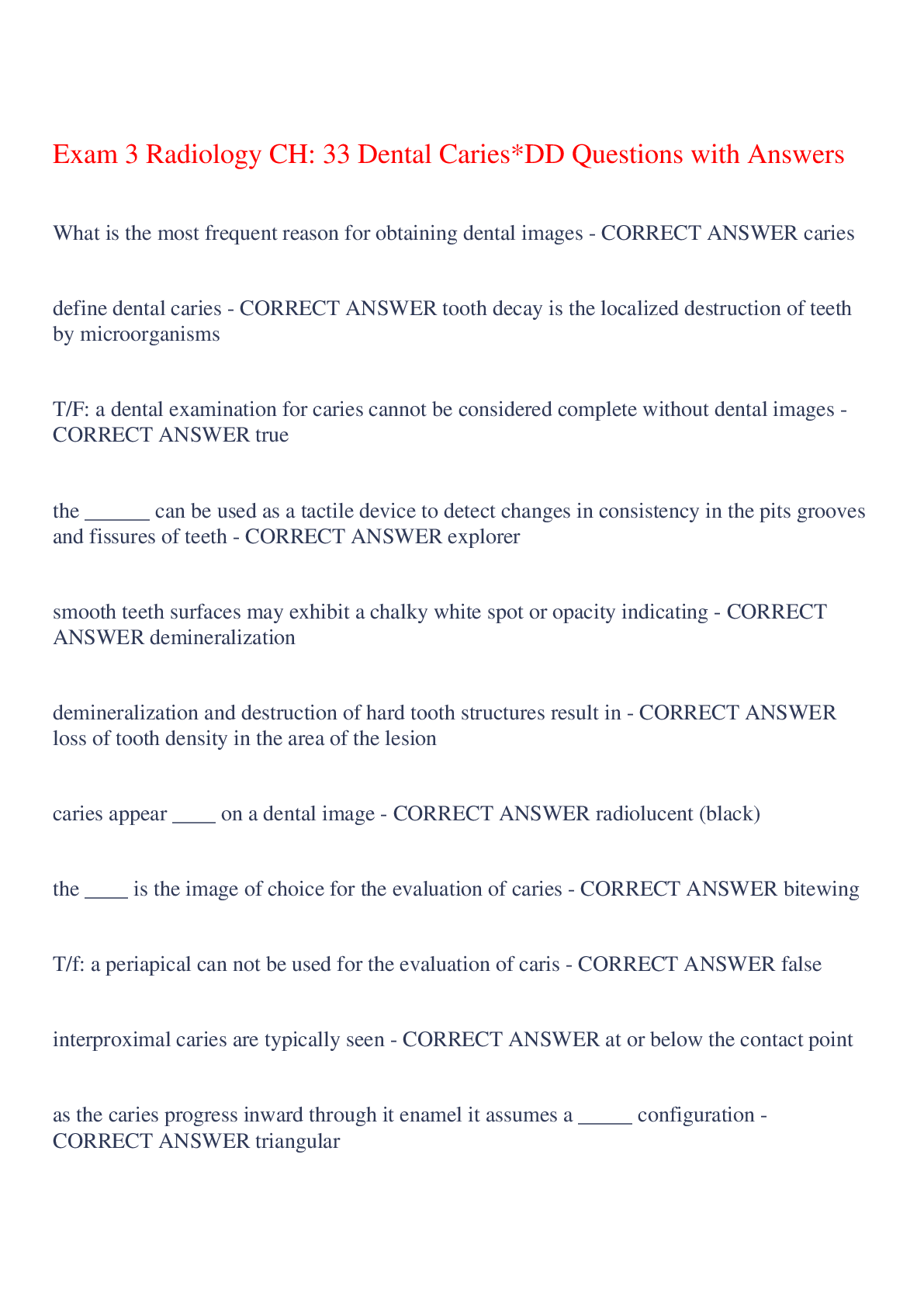Preview image for Exam 3 Radiology CH: 33 Dental Caries*DD Questions with Answers,100% CORRECT