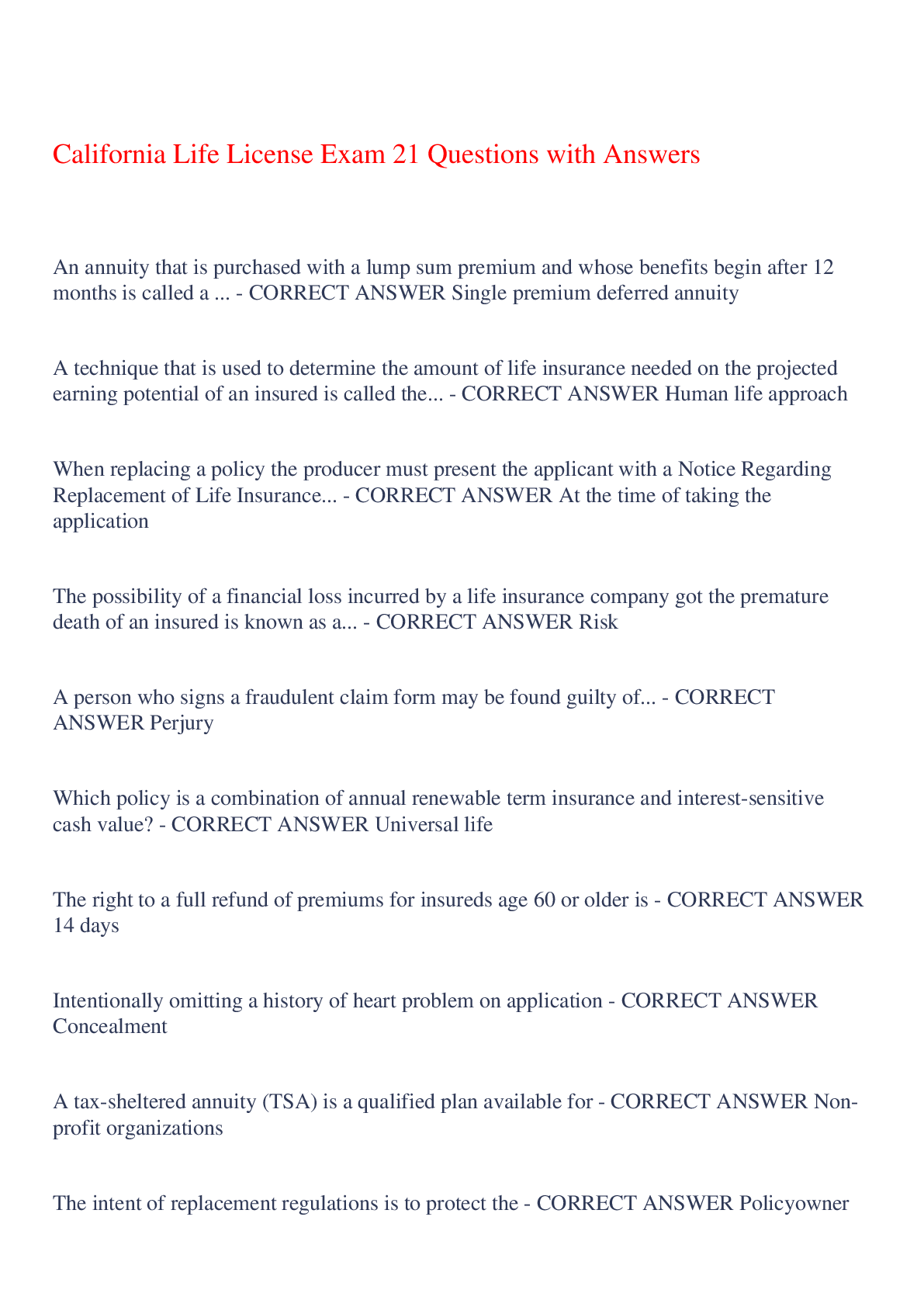 Preview image for California Life License Exam 21 Questions with Answers,100% CORRECT