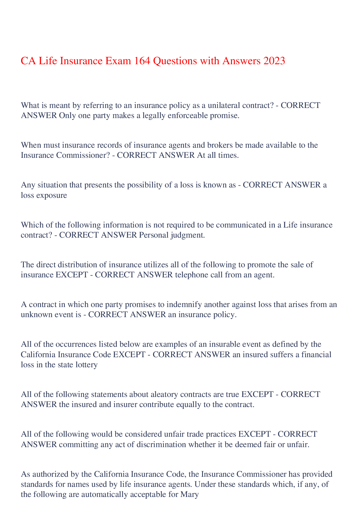 Preview image for CA Life Insurance Exam 164 Questions with Answers 2023,100% CORRECT
