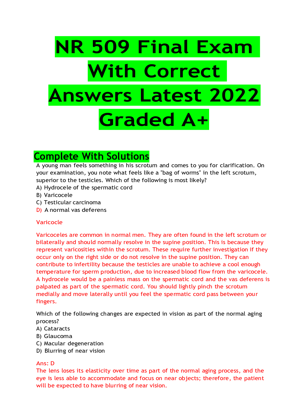 Preview of NR 509 Final Exam With Correct Answers Latest 2022 Graded A+