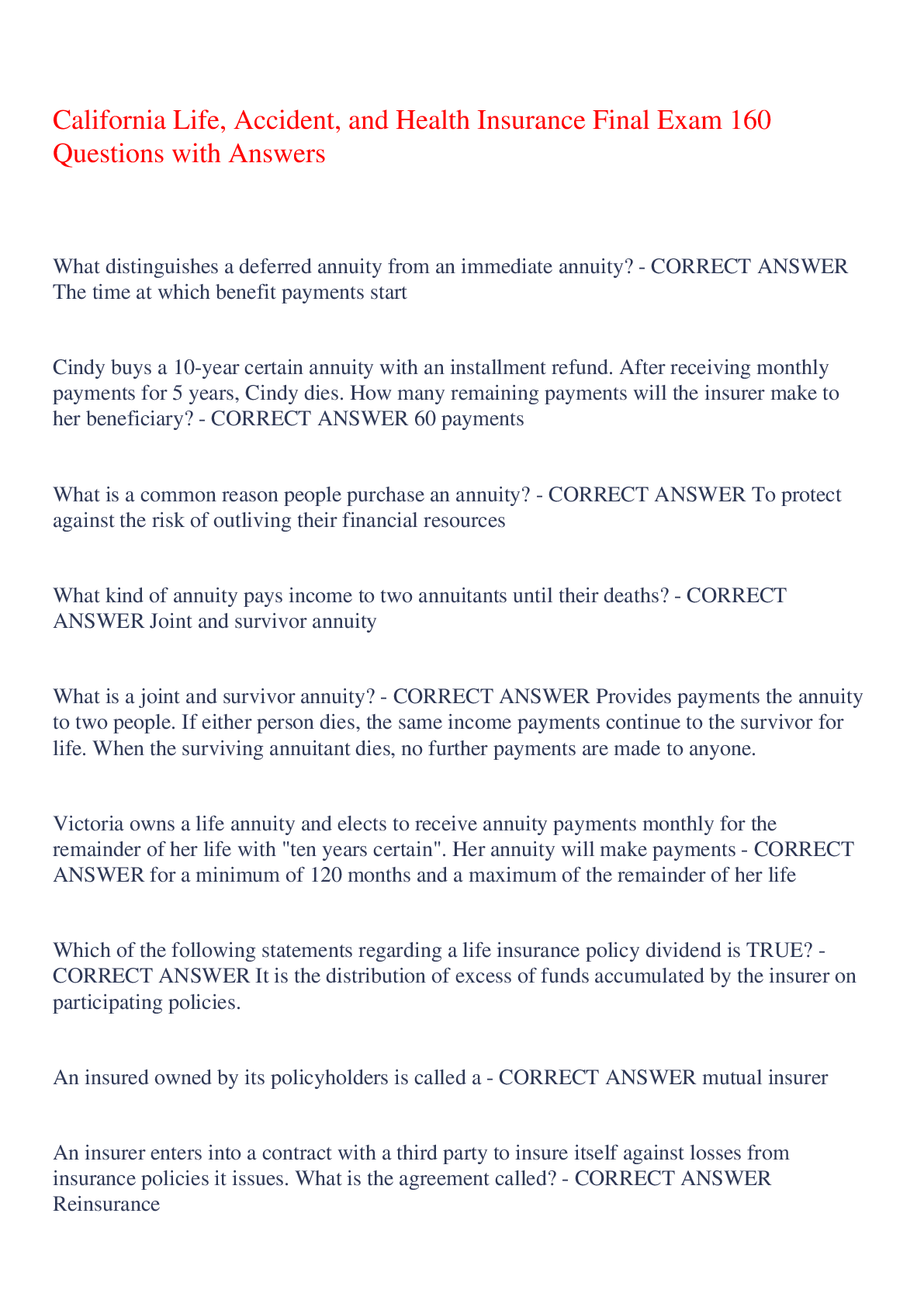 Preview image for California Life, Accident, and Health Insurance Final Exam 160 Questions with Answers,100% CORRECT