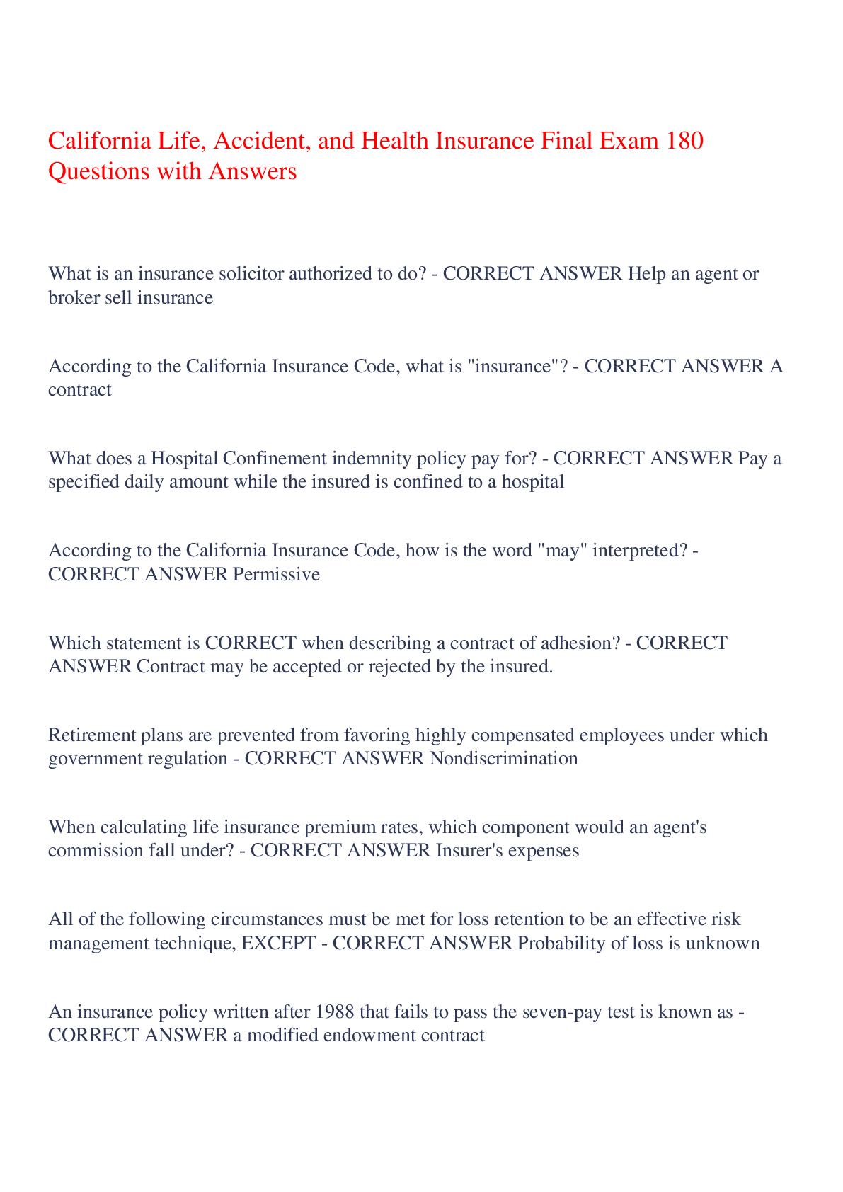 Preview image for California Life, Accident, and Health Insurance Final Exam 180 Questions with Answers,100%CORRECT