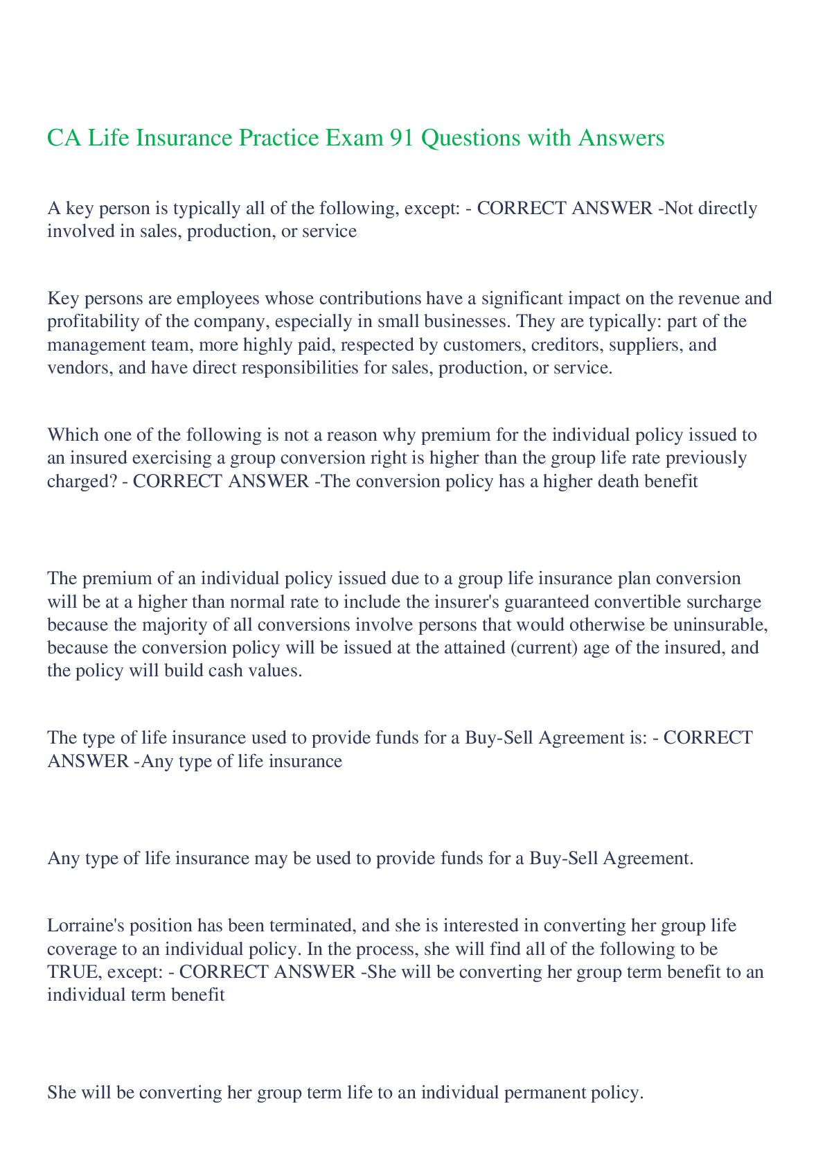 Preview of CA Life Insurance Practice Exam 91 Questions with Answers,100% CORRECT