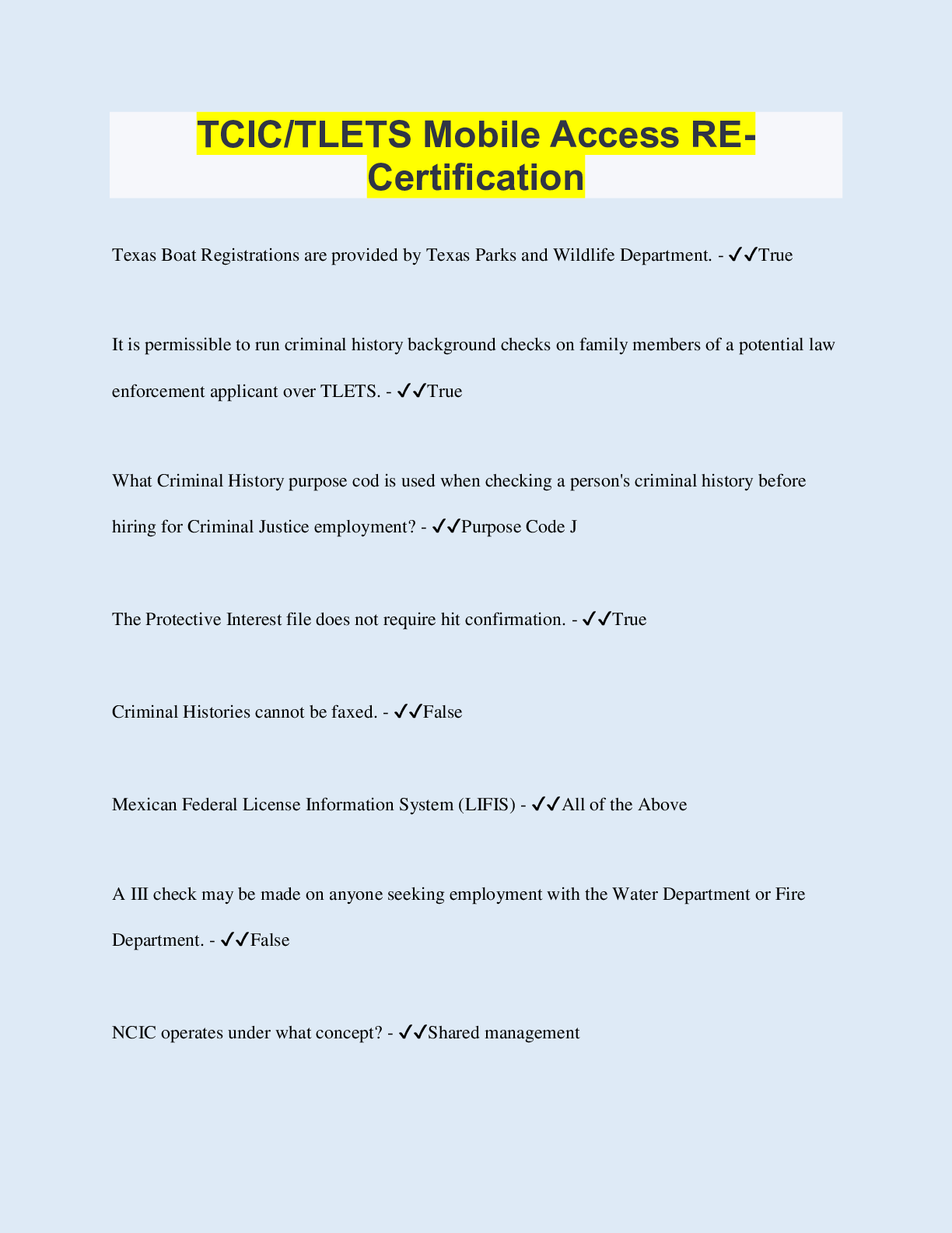 Preview image of TCIC/TLETS Mobile Access RECertification document