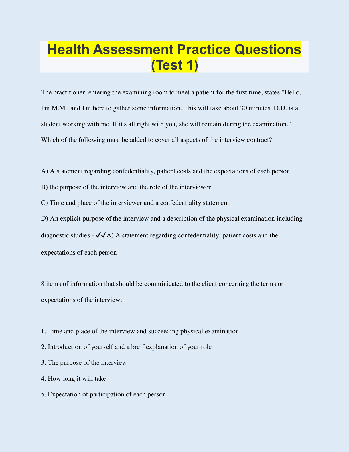 Health Assessment Practice Questions (Test 1) Browsegrades