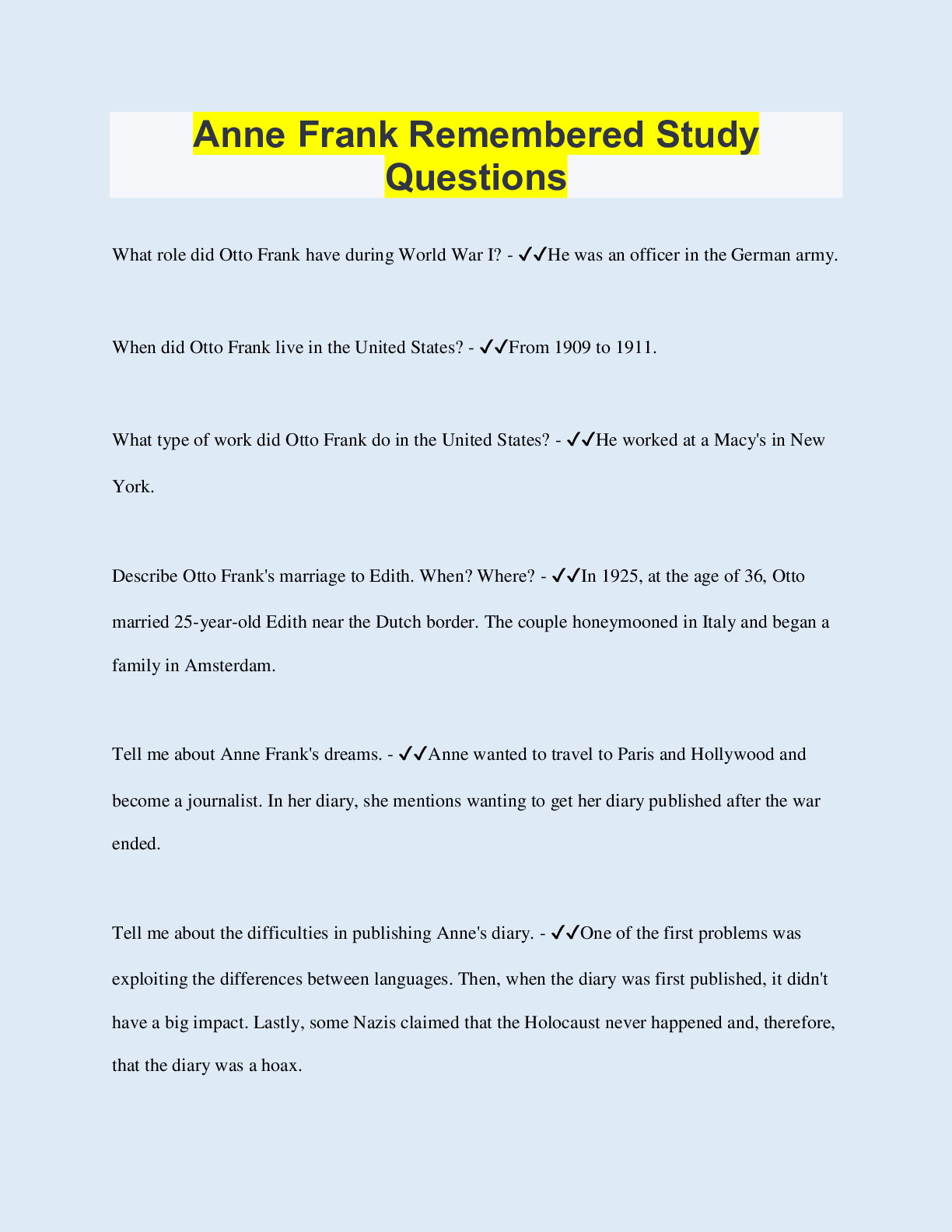 Preview image of Anne Frank Remembered Study Questions document