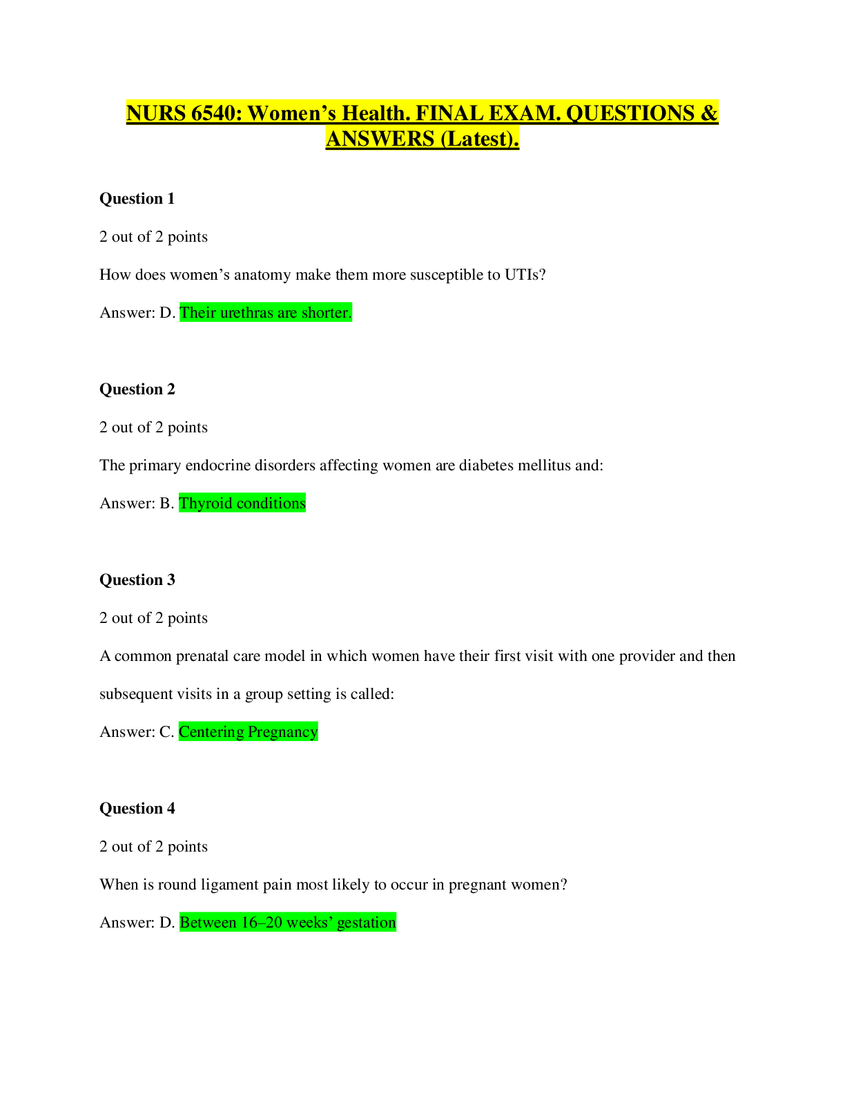 Preview image for NURS 6540: Women’s Health. FINAL EXAM. QUESTIONS & ANSWERS (Latest).