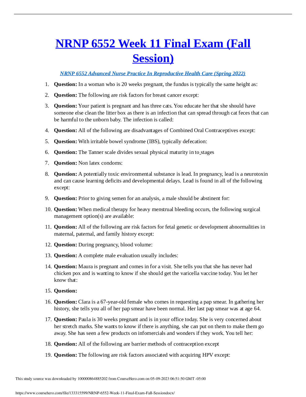 Preview image of NRNP 6552 Week 11 Final Exam (FallSession) document