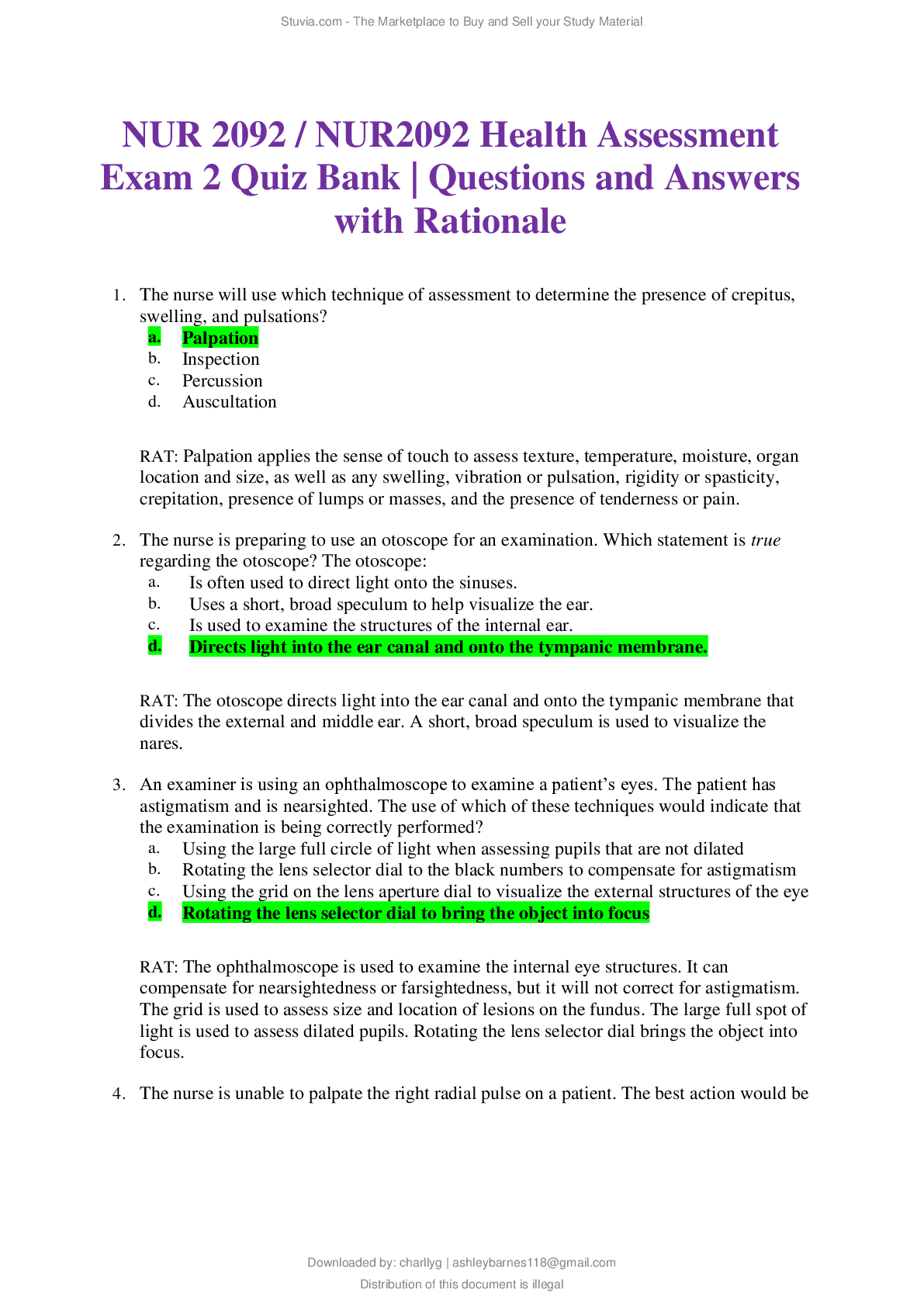 NUR 2092 NUR2092 Health AssessmentExam 2 Quiz Bank Questions and ...