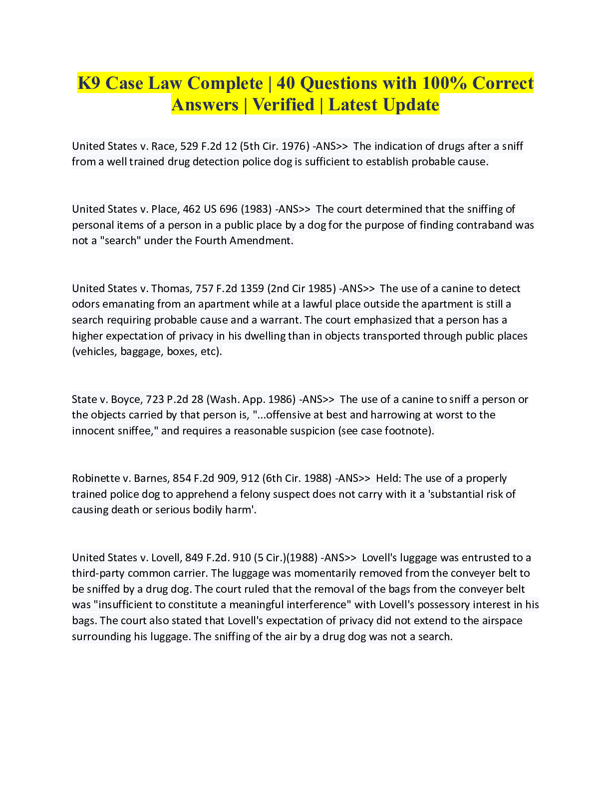 Preview image for K9 Case Law Complete | 40 Questions with 100% Correct Answers | Verified | Latest Update