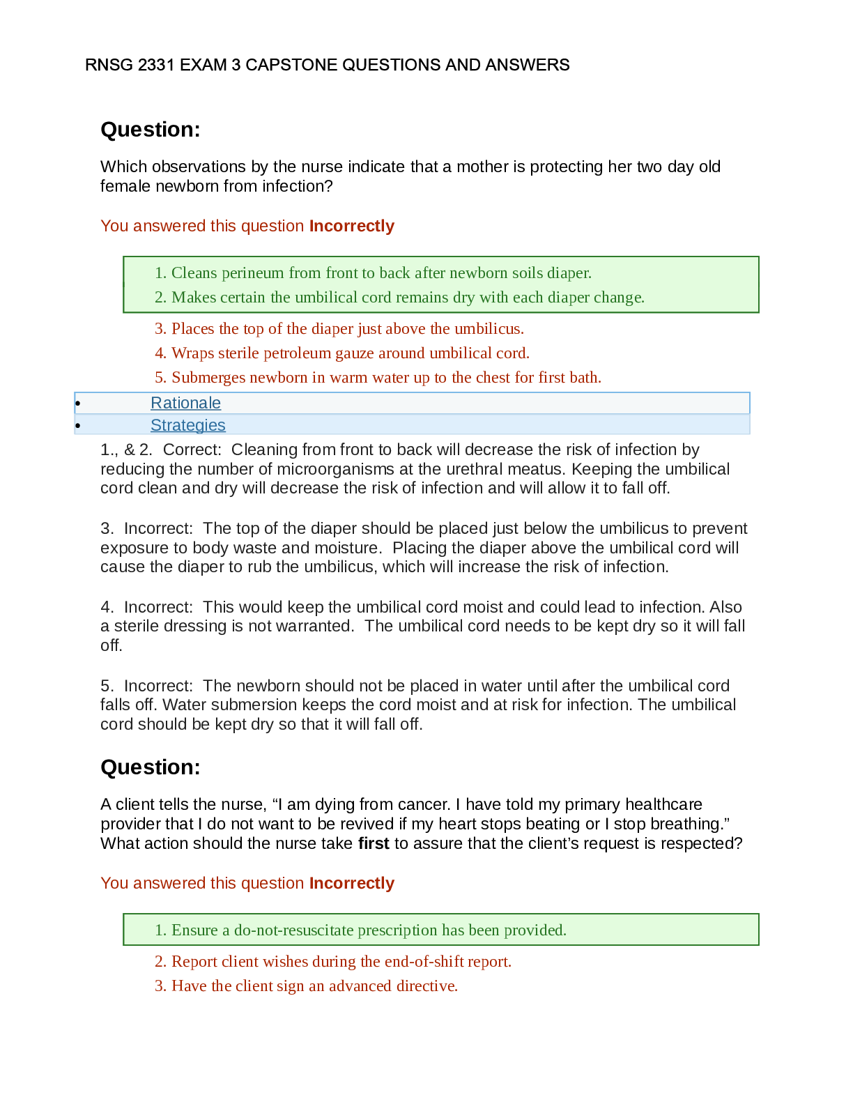 Recommended document preview for RNSG 2331 EXAM 3 CAPSTONE QUESTIONS AND ANSWERS
