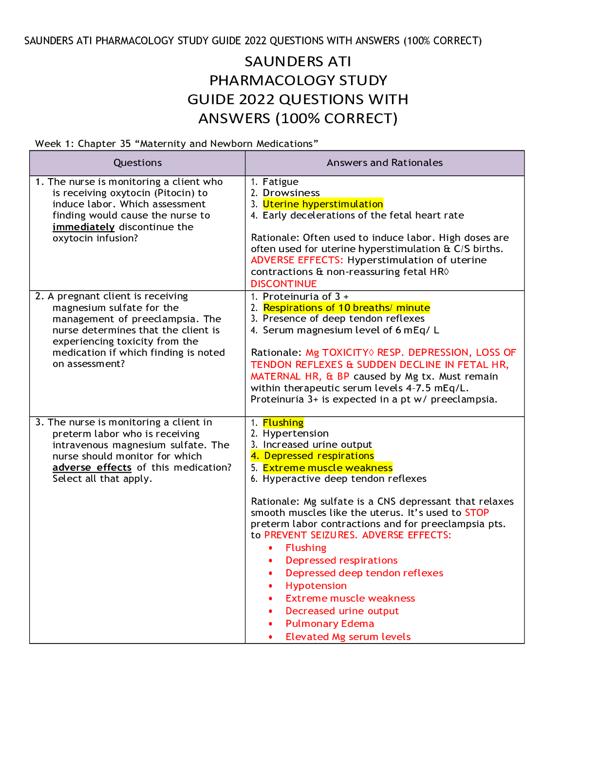 Preview of SAUNDERS ATI PHARMACOLOGY STUDY GUIDE 2022 QUESTIONS WITH ANSWERS (100% CORRECT)