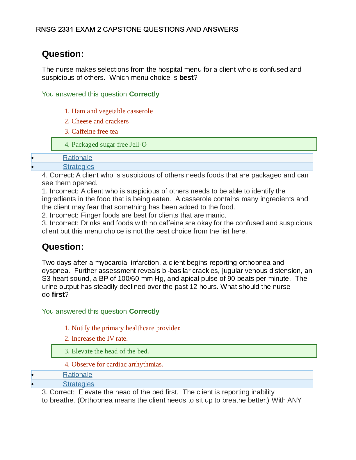 Recommended document preview for RNSG 2331 EXAM 2 CAPSTONE QUESTIONS AND ANSWERS