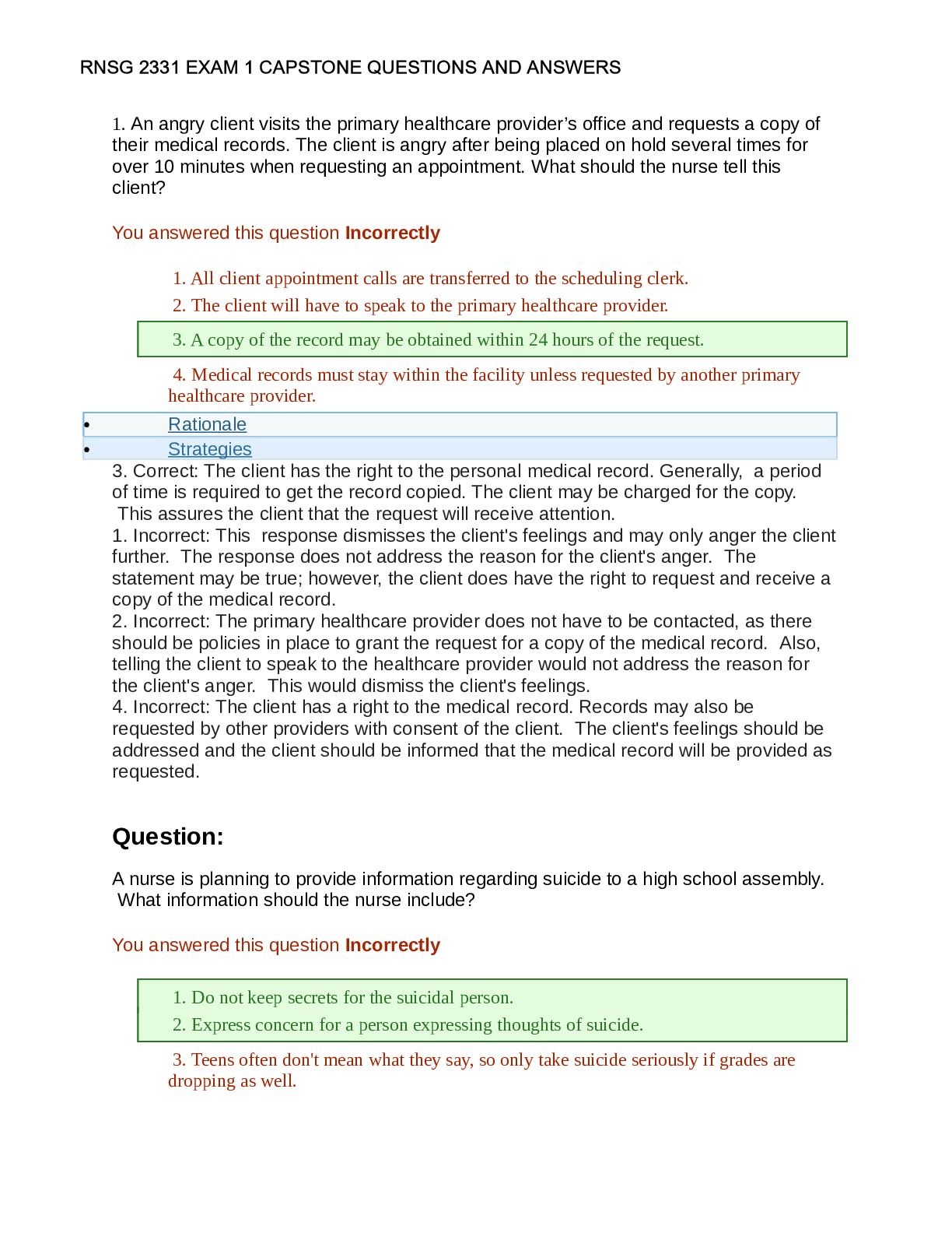 Recommended document preview for RNSG 2331 EXAM 1 CAPSTONE QUESTIONS AND ANSWERS