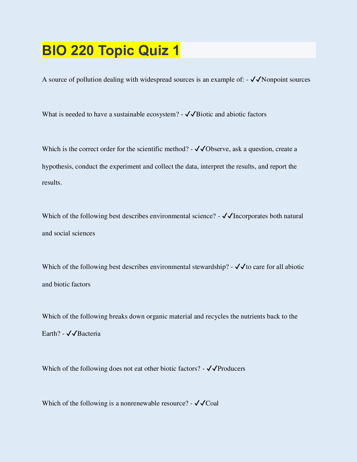 Preview image of BIO 220 Topic Quiz 1 document