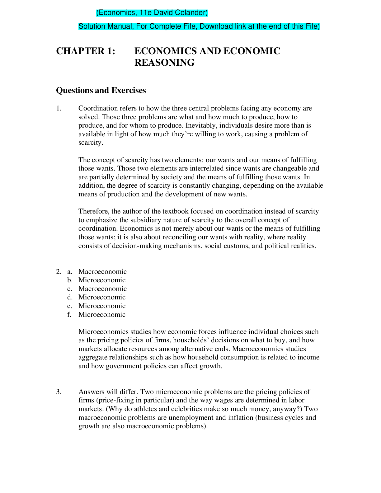 Preview image of Economics, 11e David Colander (Solution Manual) document