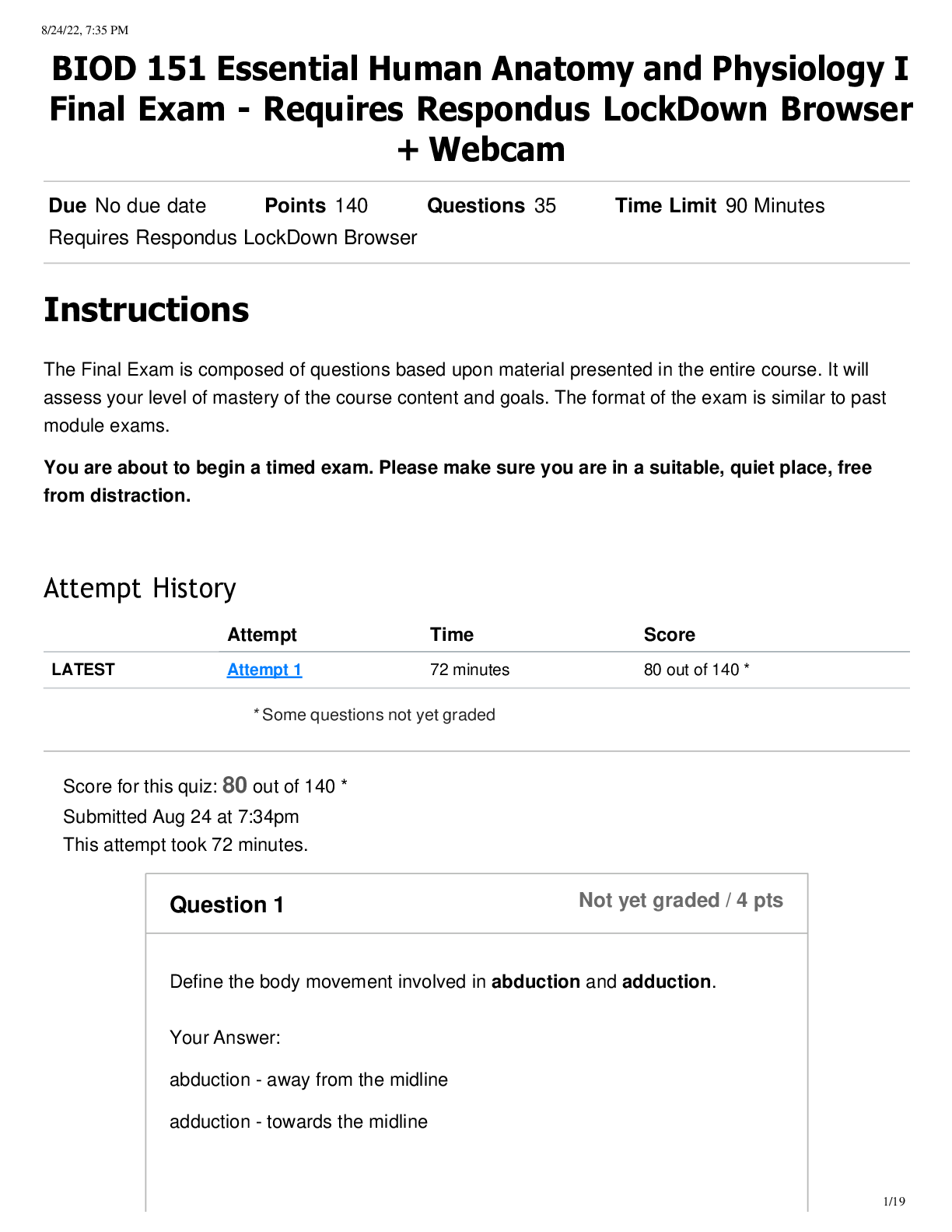 Preview image for BIOD 151 Essential Human Anatomy and Physiology I Final Exam - Requires Respondus LockDown Browser + Webcam
