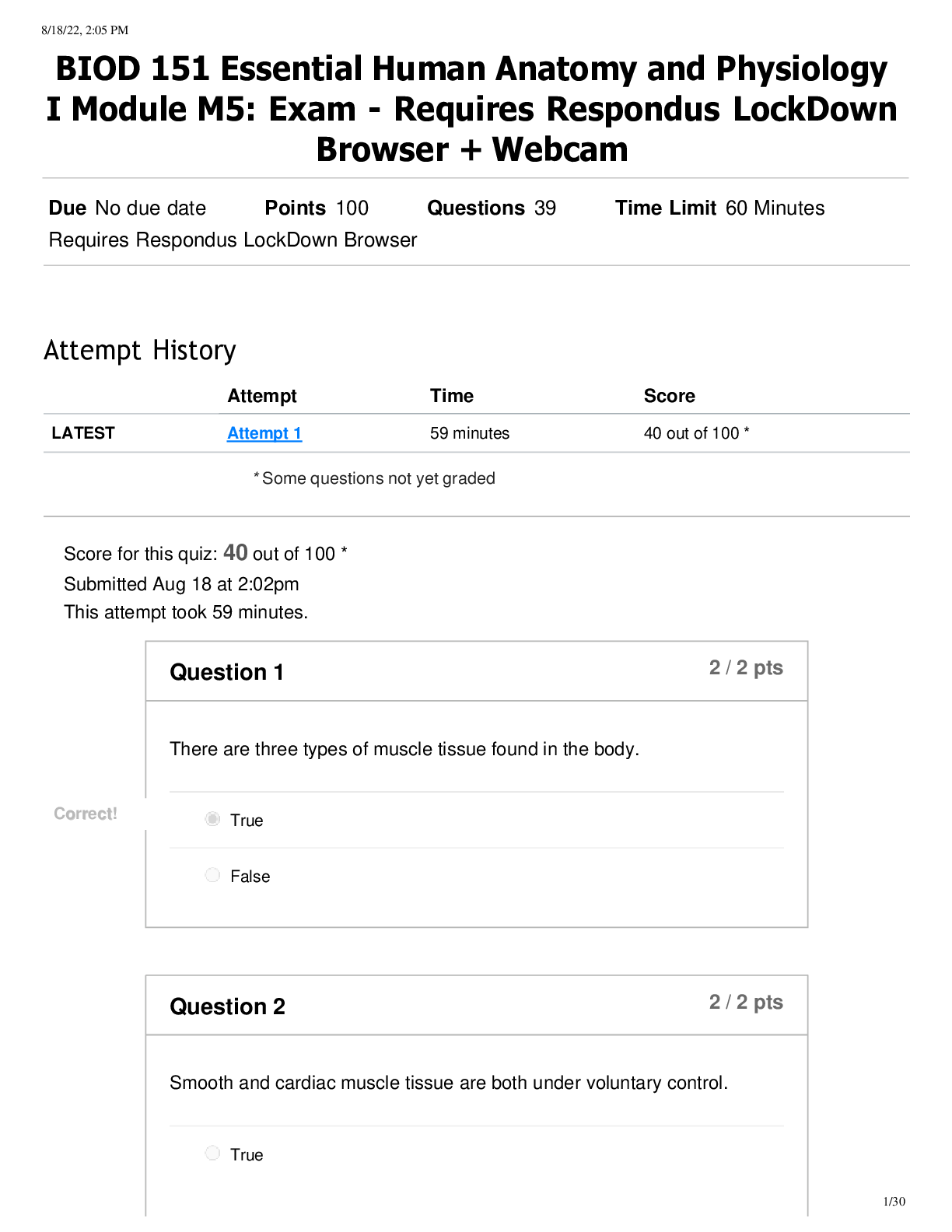 Preview image for BIOD 151 Essential Human Anatomy and Physiology  I Module M5: Exam - Requires Respondus LockDown Browser + Webcam