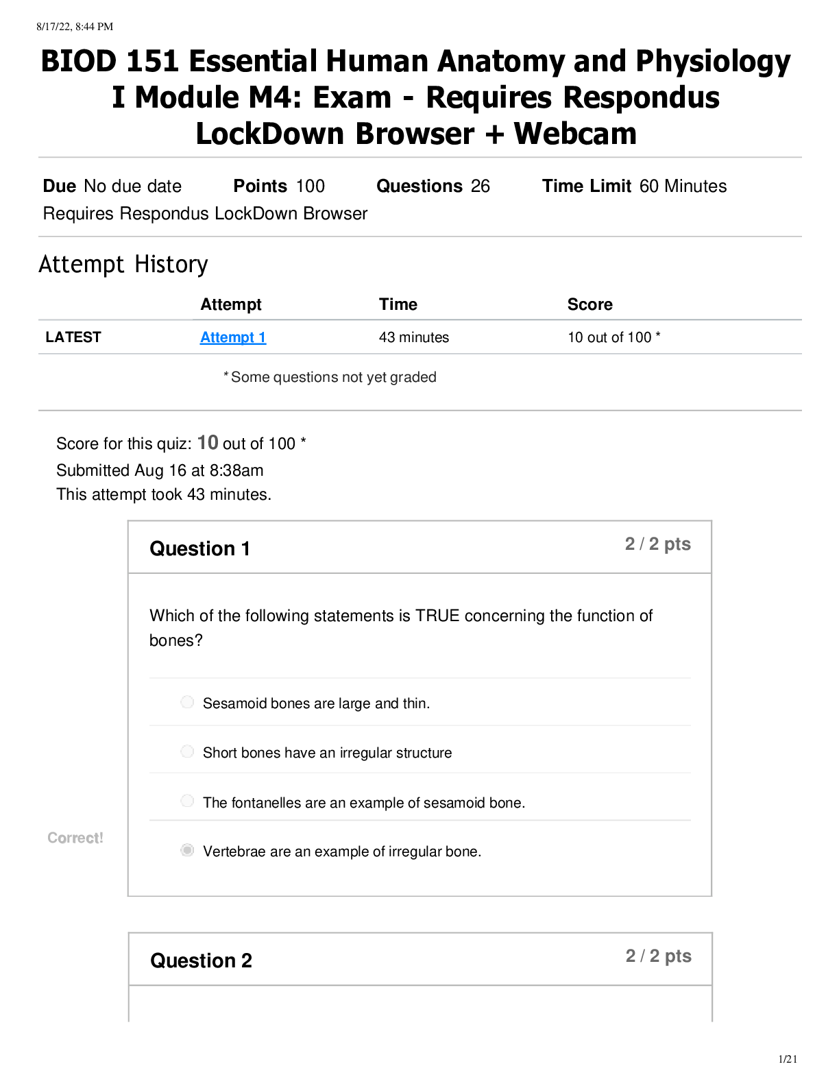 Preview image for BIOD 151 Essential Human Anatomy and Physiology  I Module M4: Exam - Requires Respondus LockDown Browser + Webcam