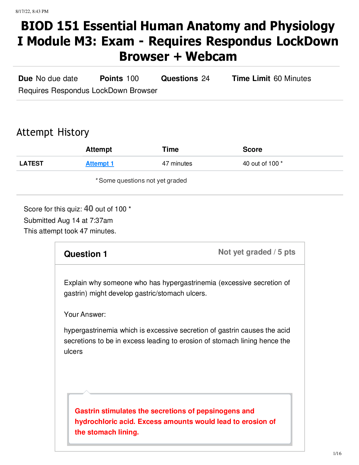 Preview image for BIOD 151 Essential Human Anatomy and Physiology  I Module M3: Exam - Requires Respondus LockDown Browser + Webcam