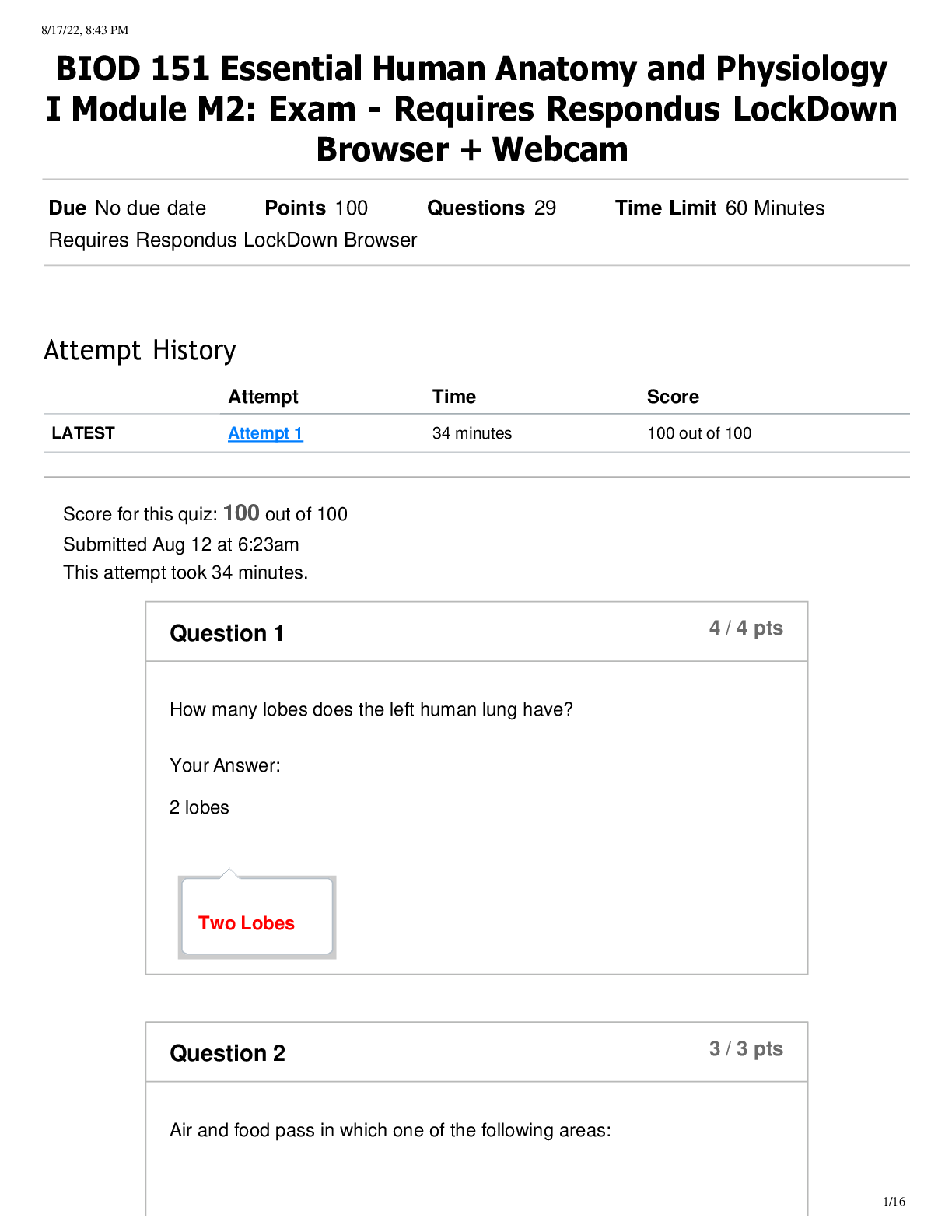 Preview image for BIOD 151 Essential Human Anatomy and Physiology  I Module M2: Exam - Requires Respondus LockDown Browser + Webcam