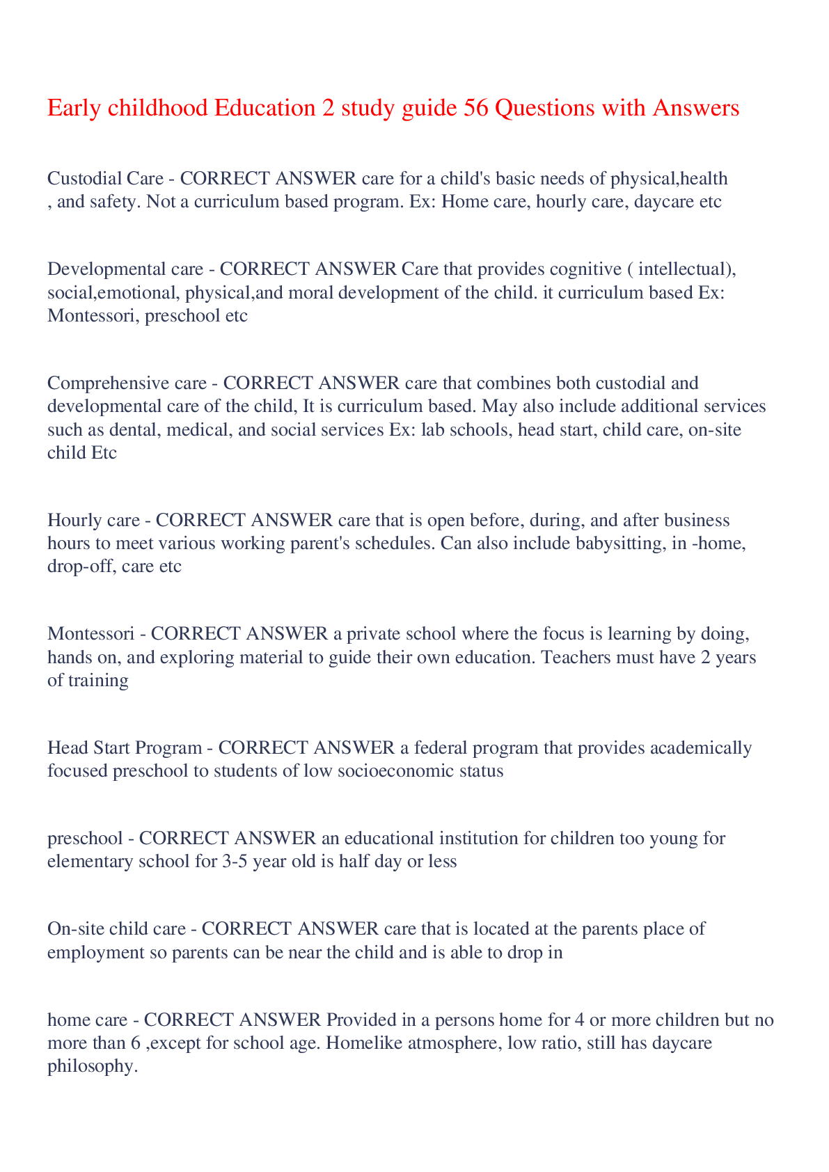 Preview of Early childhood Education 2 study guide 56 Questions with Answers,100% CORRECT