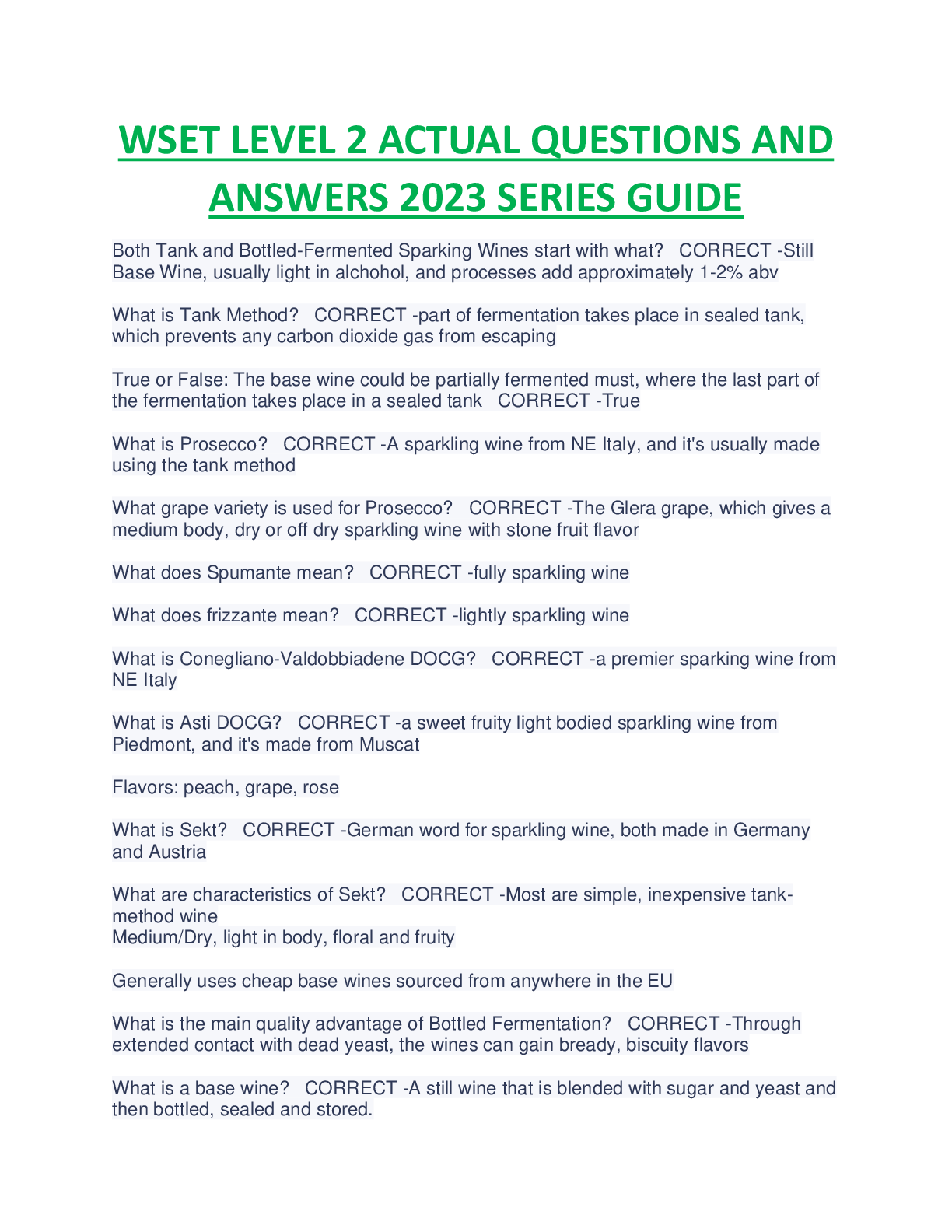 WSET LEVEL 2 ACTUAL QUESTIONS AND ANSWERS 2023 SERIES GUIDE RATED A ...