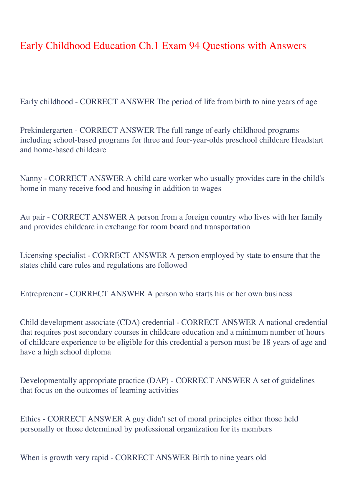 Preview of Early Childhood Education Ch.1 Exam 94 Questions with Answers,100% CORRECT