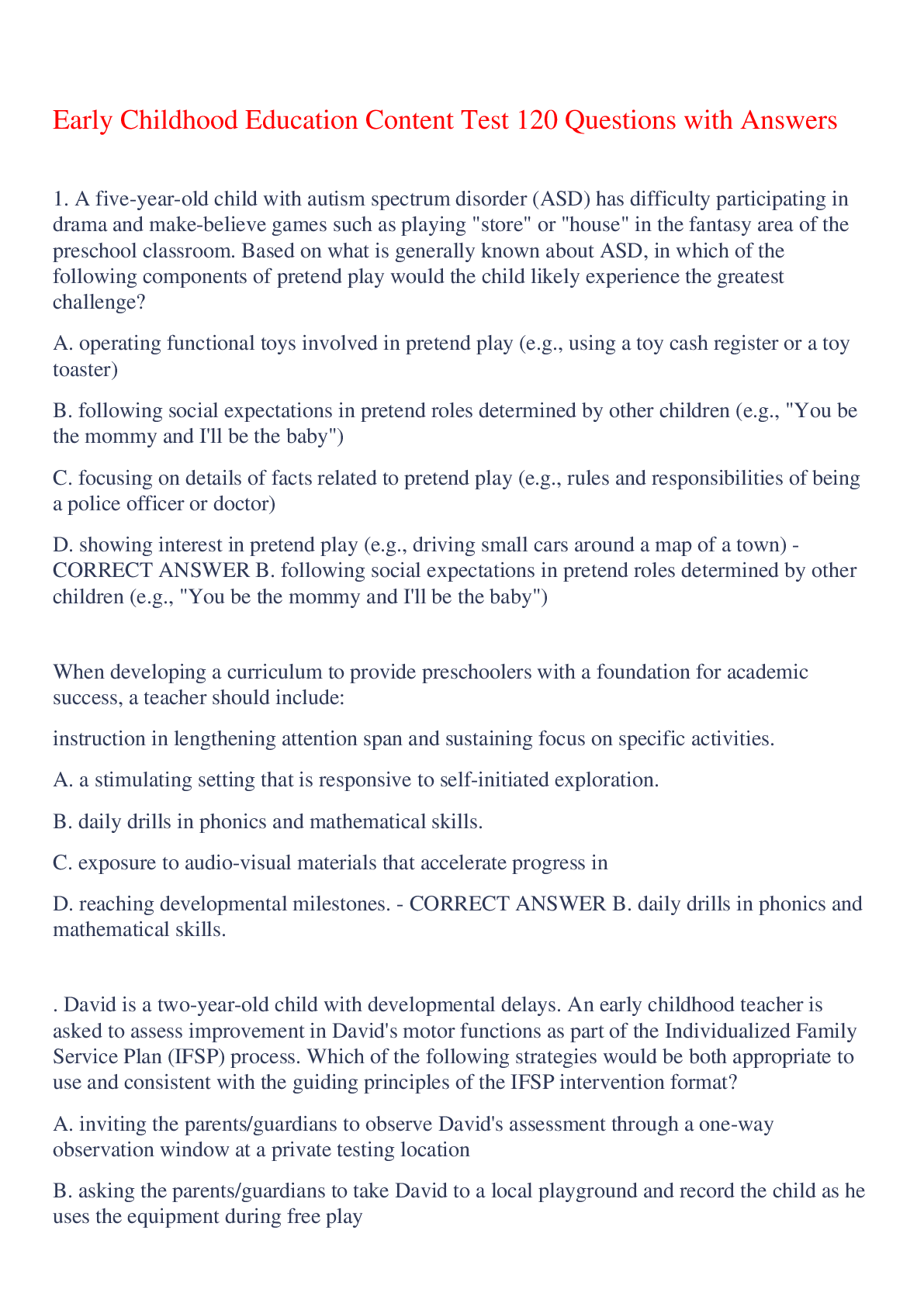 Early Childhood Education Content Test 120 Questions with Answers,100% CORRECT