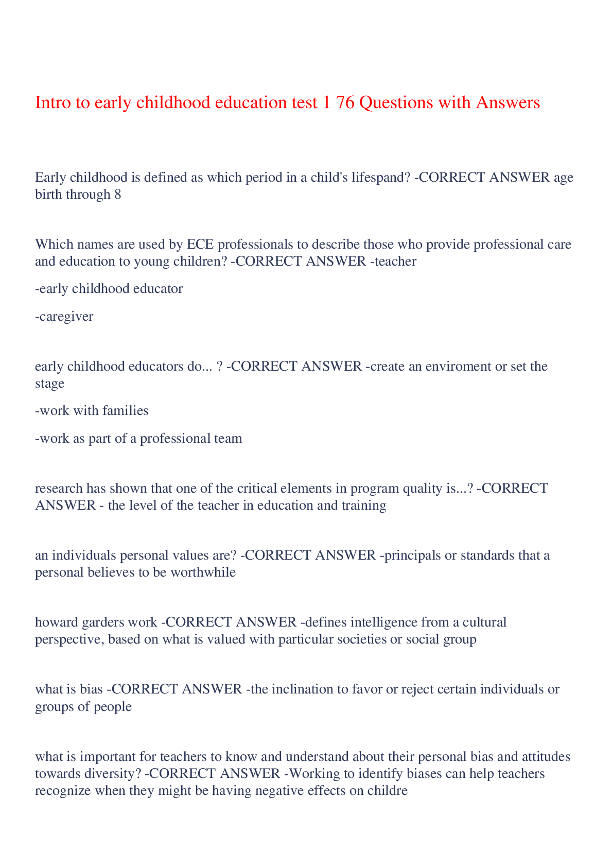 Preview of Intro to early childhood education test 1 76 Questions with Answers,100% CORRECT