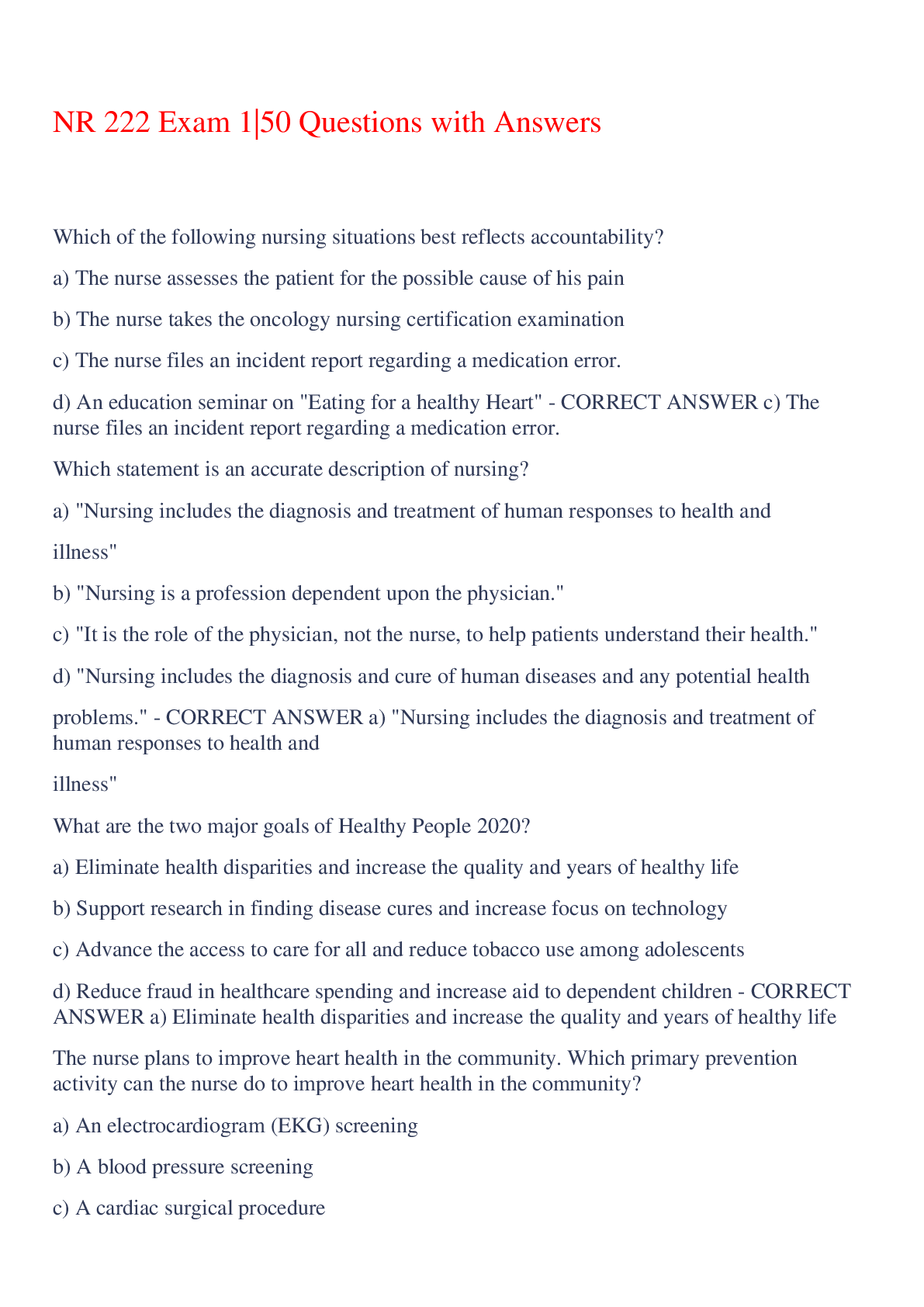 Preview of NR 222 Exam 1|50 Questions with Answers,100% CORRECT