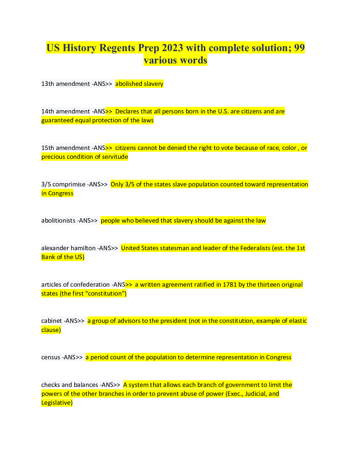 Preview image for US History Regents Prep 2023 with complete solution; 99 various words