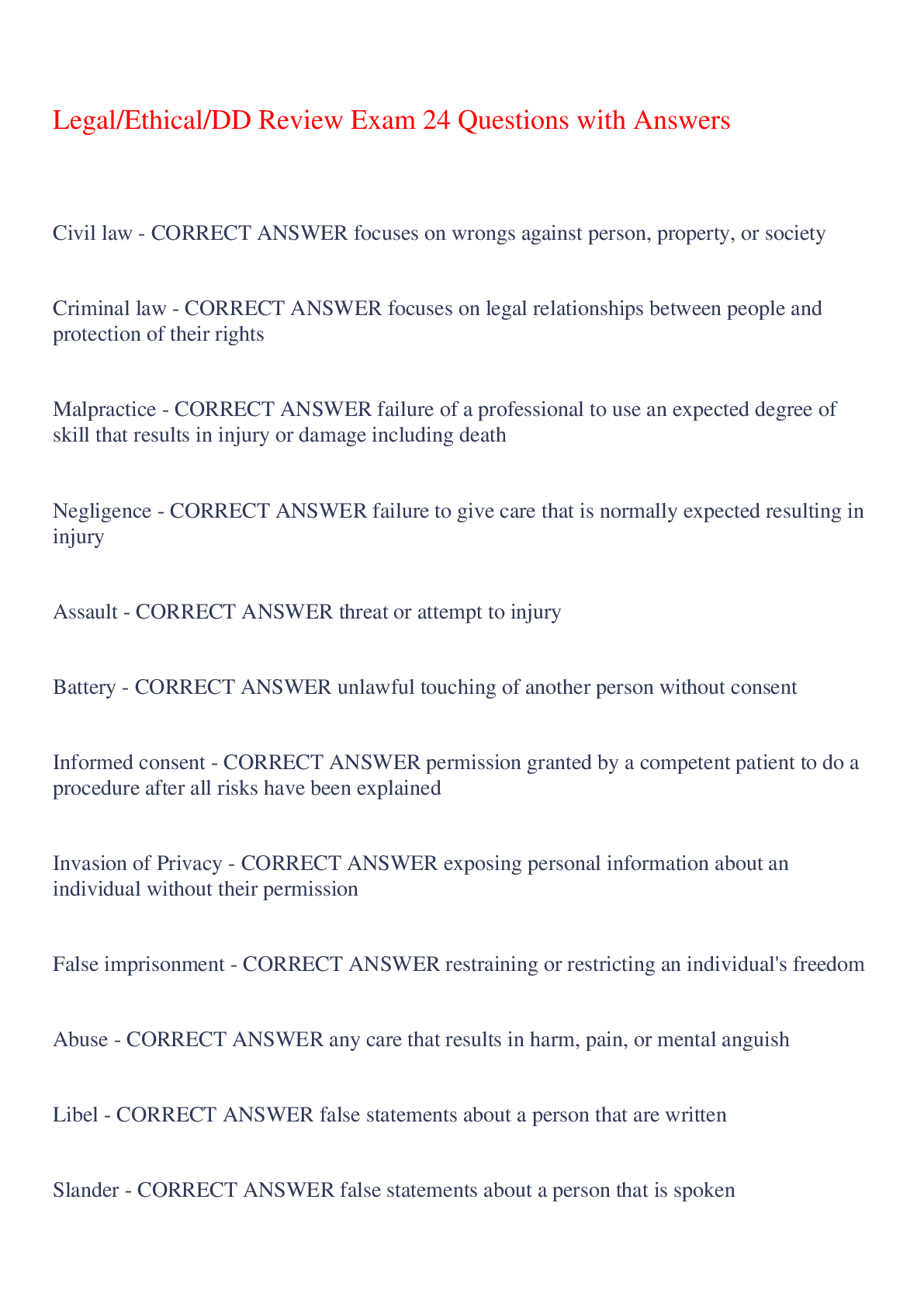 Preview of Legal/Ethical/DD Review Exam 24 Questions with Answers,100% CORRECT