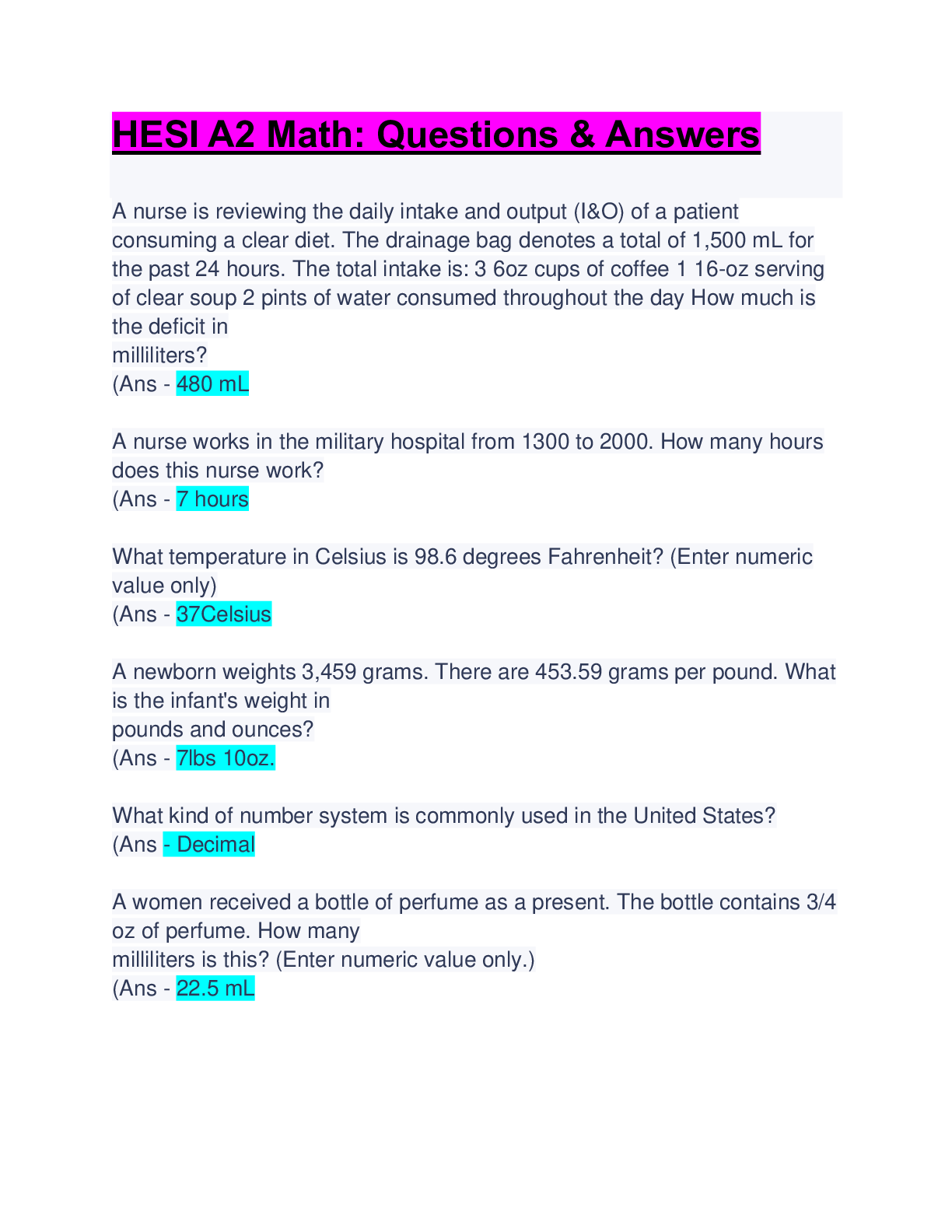 Preview image of HESI A2 Math: Questions & Answers: Updated A+ Guide Solution document